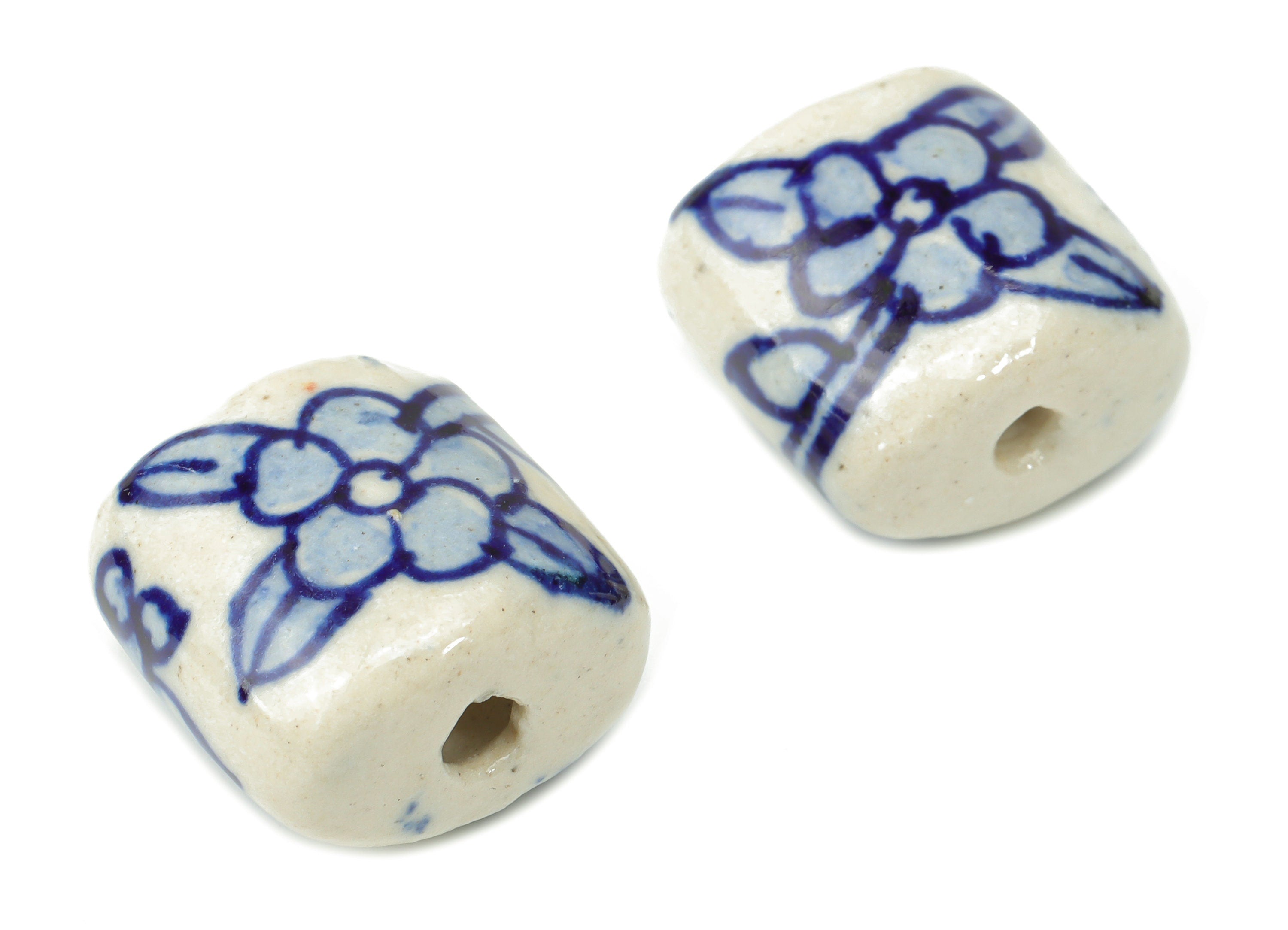 Glazed Ceramic Flower Square Beads - Carved Square Beads - Handmade Beads - Bracelet Beads - Connectors Beads - 18.38x18.35x12.5mm - NS1843 - DOMEDBAZAAR