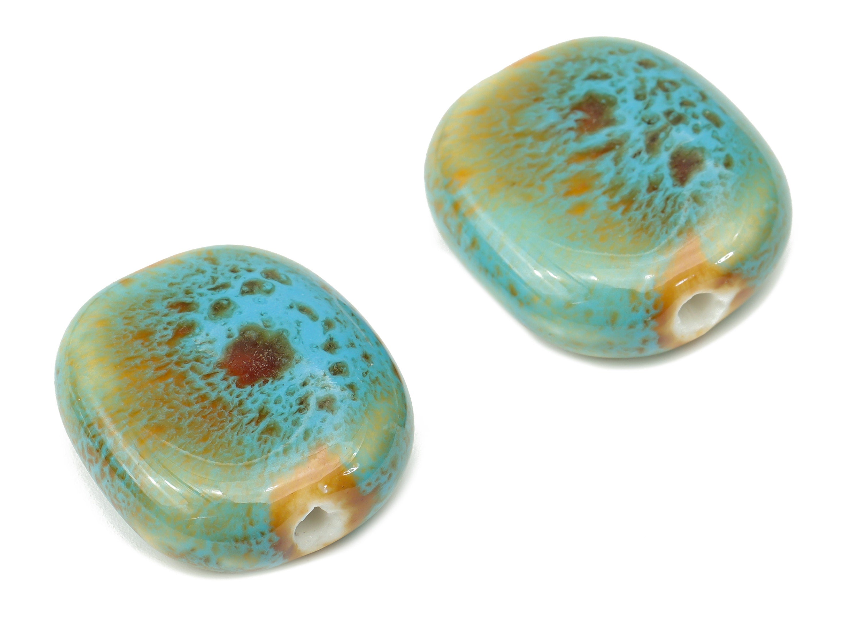 Glazed Ceramic Flat Beads - Carved Flat Beads - Handmade Beads - Bracelet Making Beads - Connectors Beads - 23.74x21.32x8.43mm - NS1790 - DOMEDBAZAAR