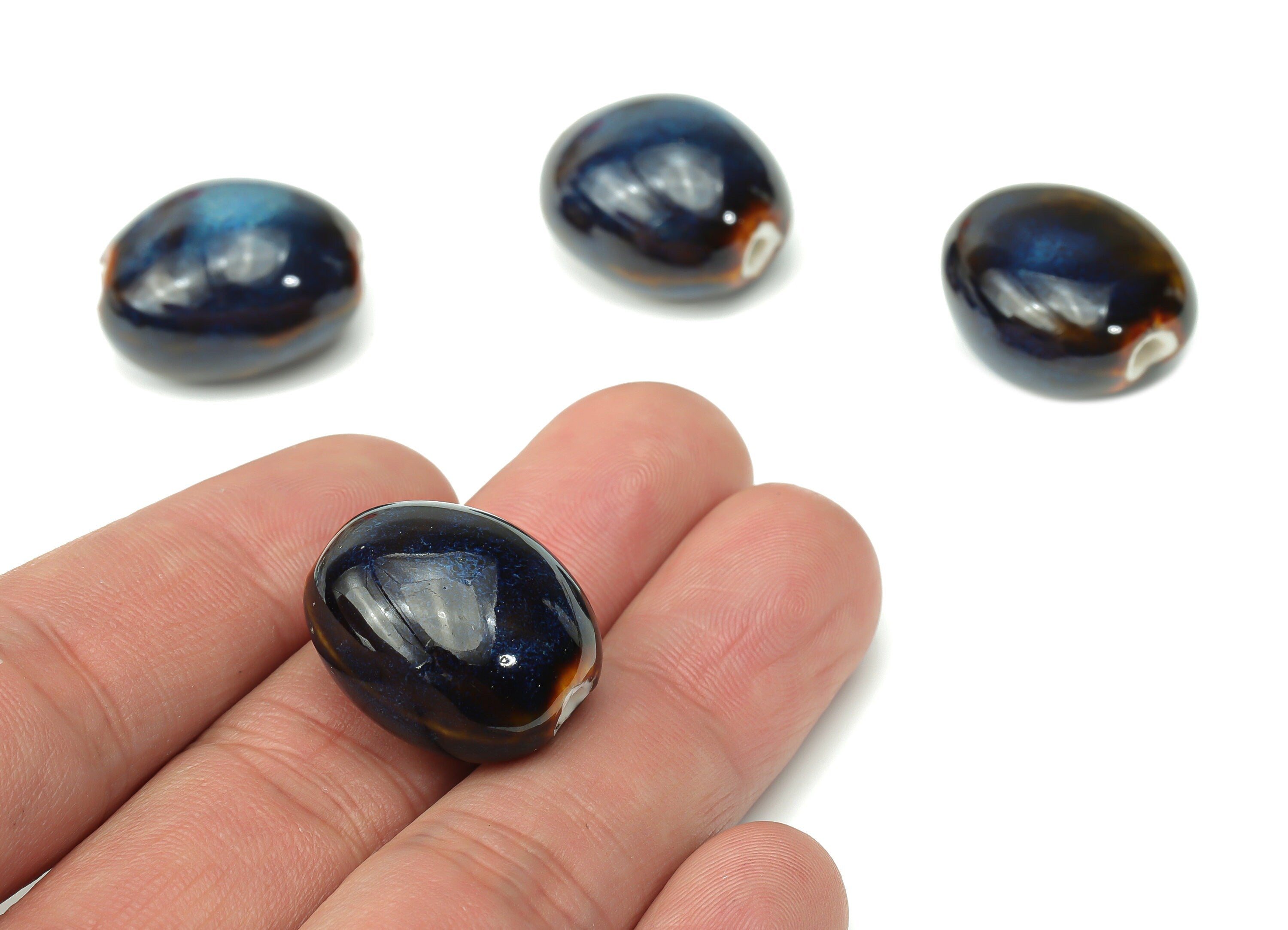 Glazed Ceramic Long Oval Beads - Carved Oval Beads - Handmade Beads - Bracelet Making Beads - Connectors Beads - 21.87x18.72x13.9mm - NS1811 - DOMEDBAZAAR