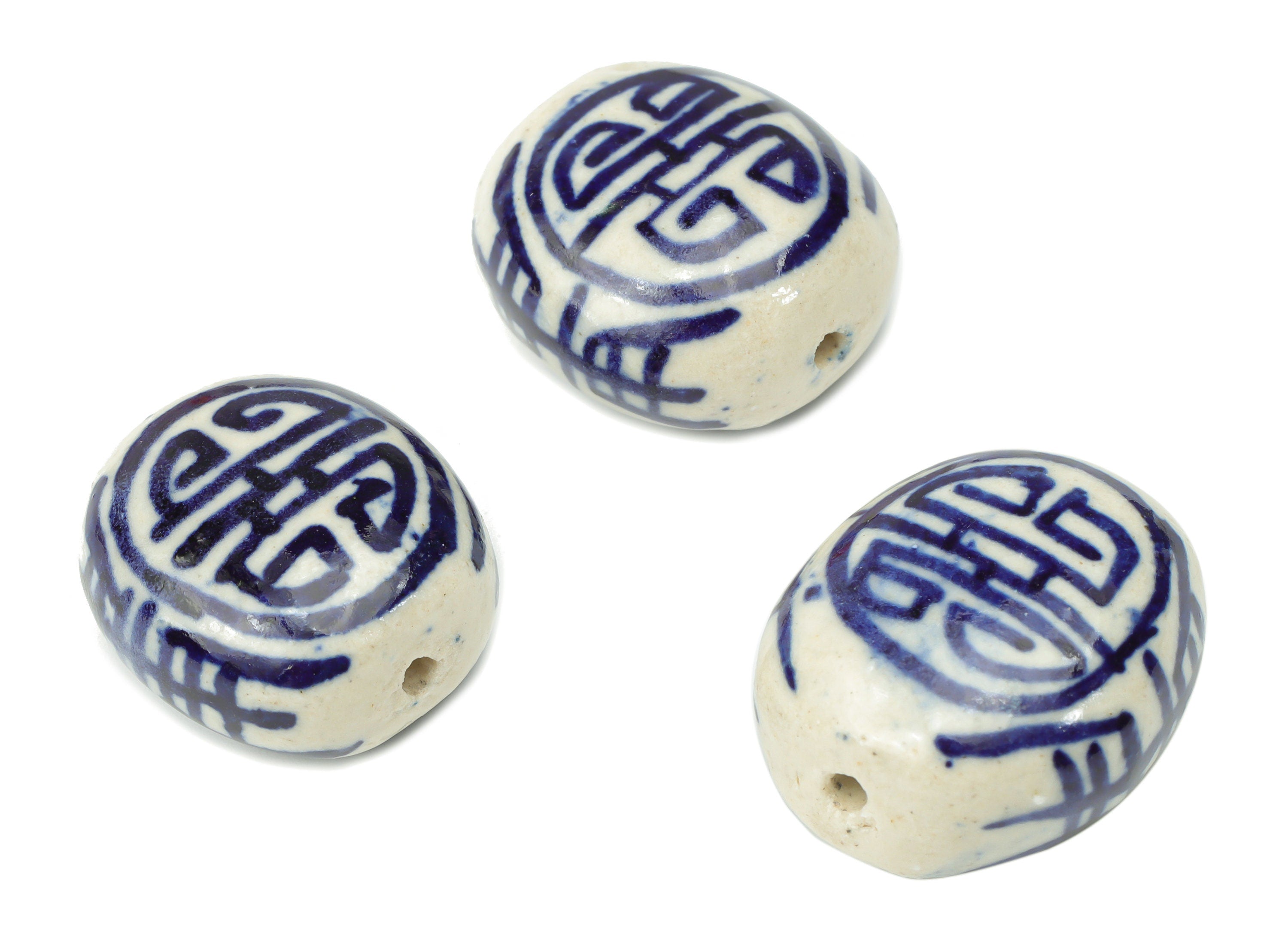 Glazed Ceramic Pattern Oval Beads - Carved Oval Beads - Handmade Beads - Bracelet Beads - Connectors Beads - 20.16x17.84x11.18mm - NS1841 - DOMEDBAZAAR