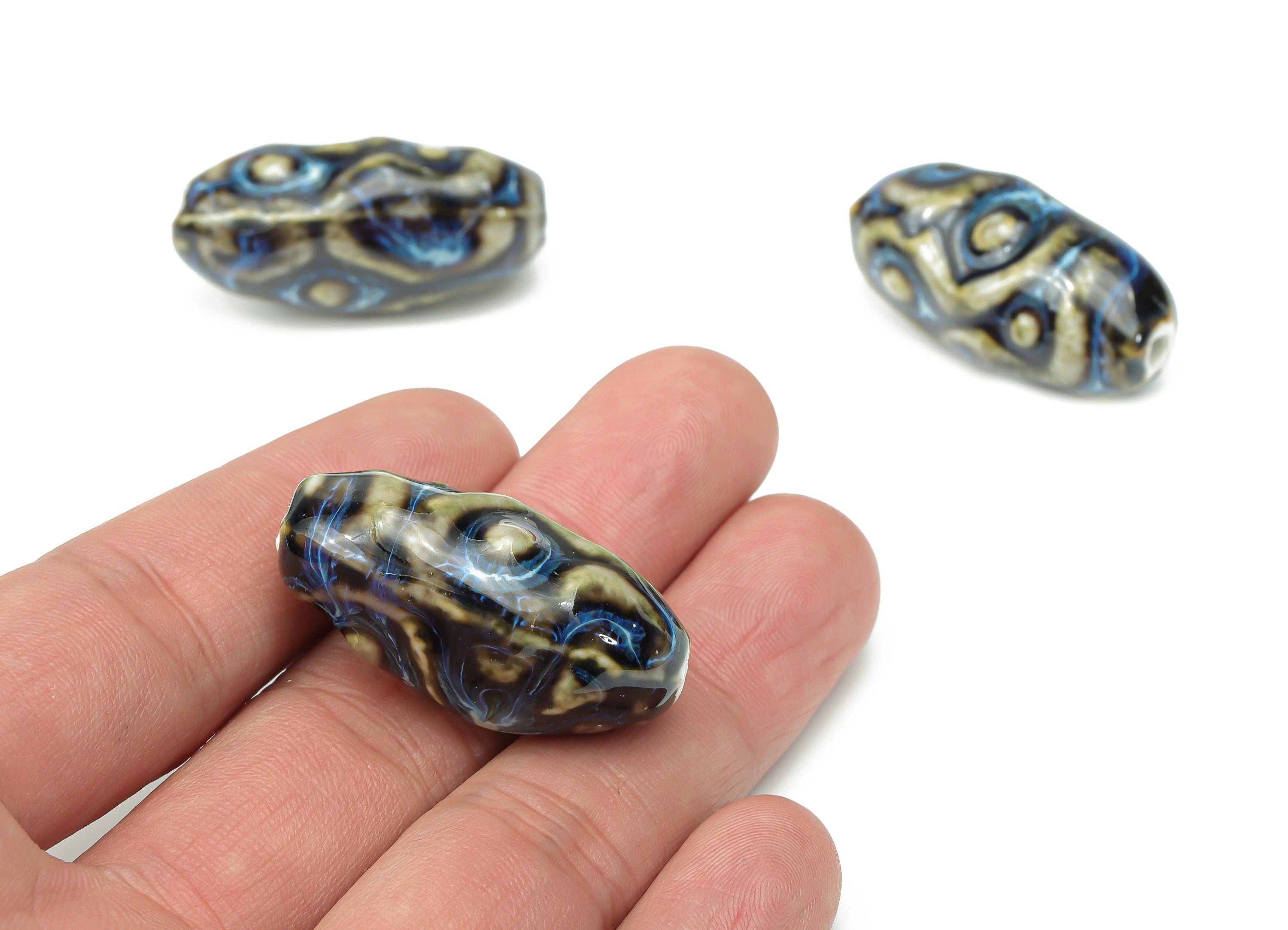 Glazed Ceramic Long Oval Beads - Carved Pattern Oval Beads - Handmade Connectors Beads - Bracelet Making Beads - 35x16.13x16.13mm - NS1810 - DOMEDBAZAAR