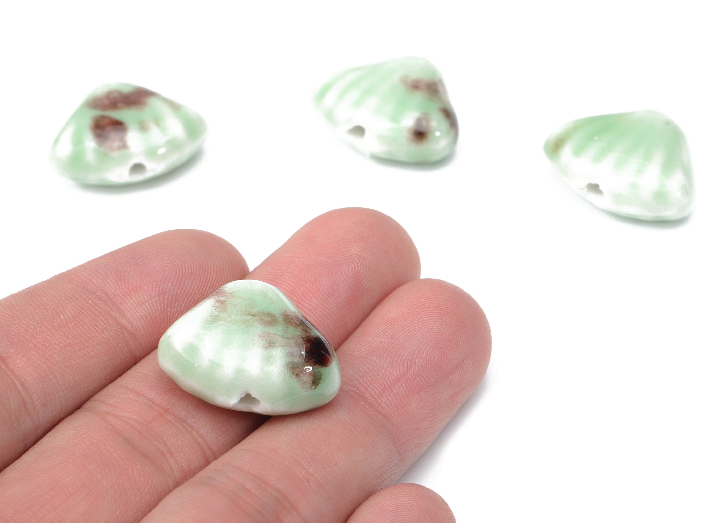 Glazed Ceramic Shell Beads - Carved Fan Beads - Handmade Beads - Bracelet Making Beads - Connectors Beads - 23.07x17.76x8.98mm - NS1814 - DOMEDBAZAAR