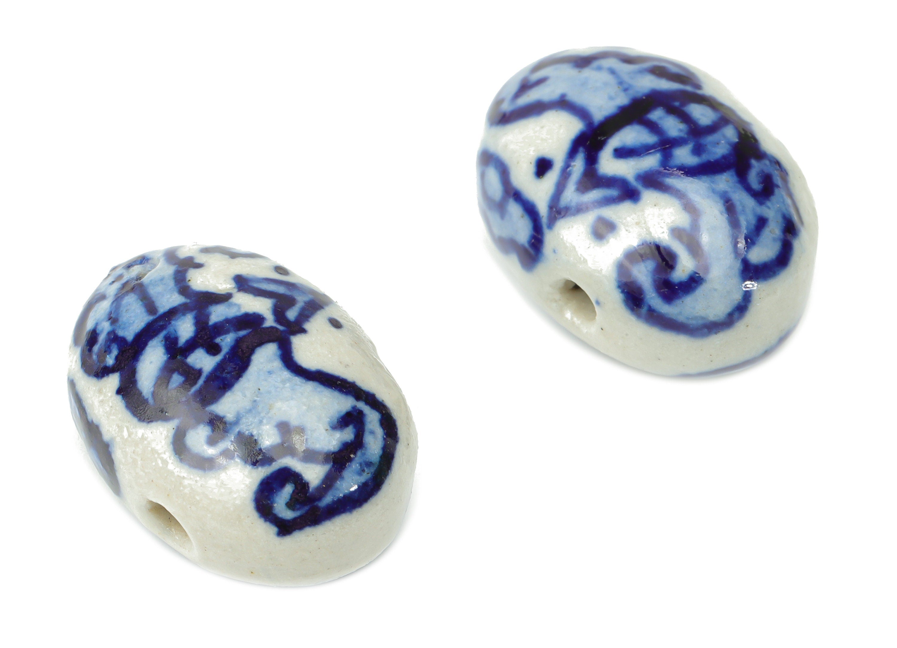 Glazed Ceramic Long Oval Beads - Carved Pattern Oval Beads - Handmade Connectors Beads - Bracelet Making Beads - 23.53x16.35x13mm - NS1830 - DOMEDBAZAAR