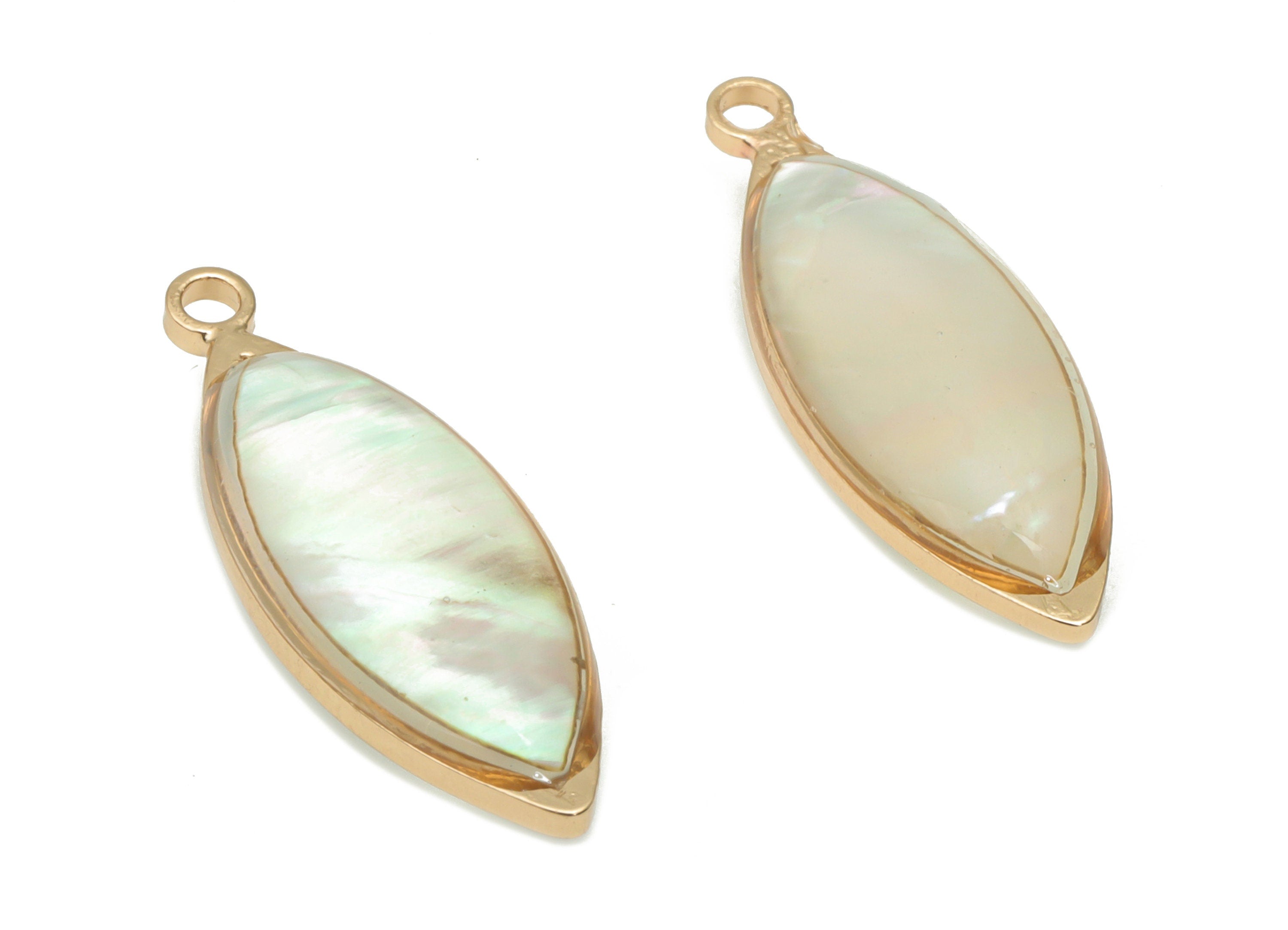 Shell Long Oval Earring Charms - Shell Marquise Pendant - Gold Tone Plated Brass - Jewelry Supplies - 22.32x8.21x5.43mm- SF1136 - DOMEDBAZAAR