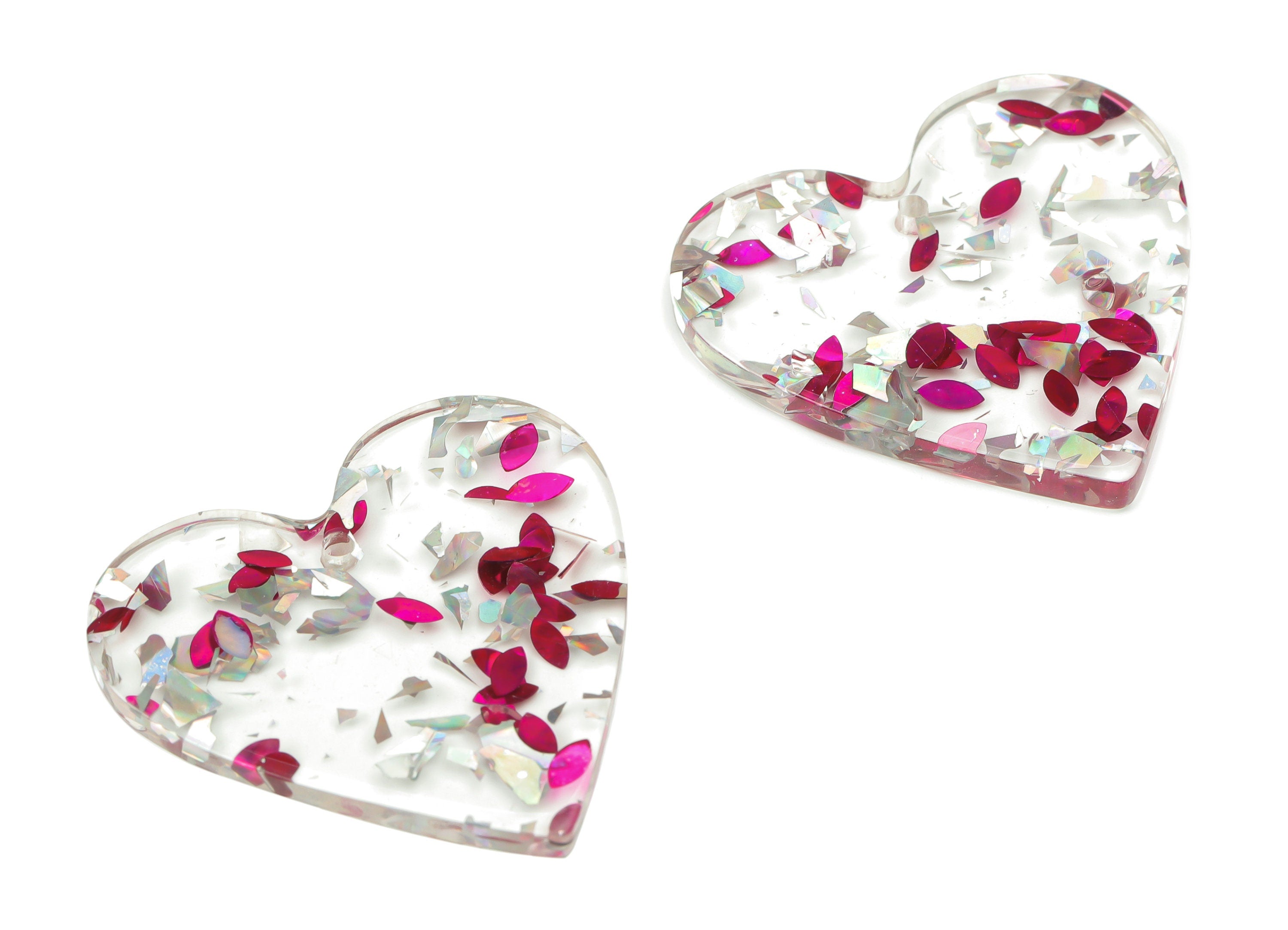 Clear Acrylic Heart Earring Charms - Acrylic Heart Pendant - Silver Pink Foil and Confetti - Color Code: A438 - 31.9x31.2x2.6mm- AC1431-A438 - DOMEDBAZAAR