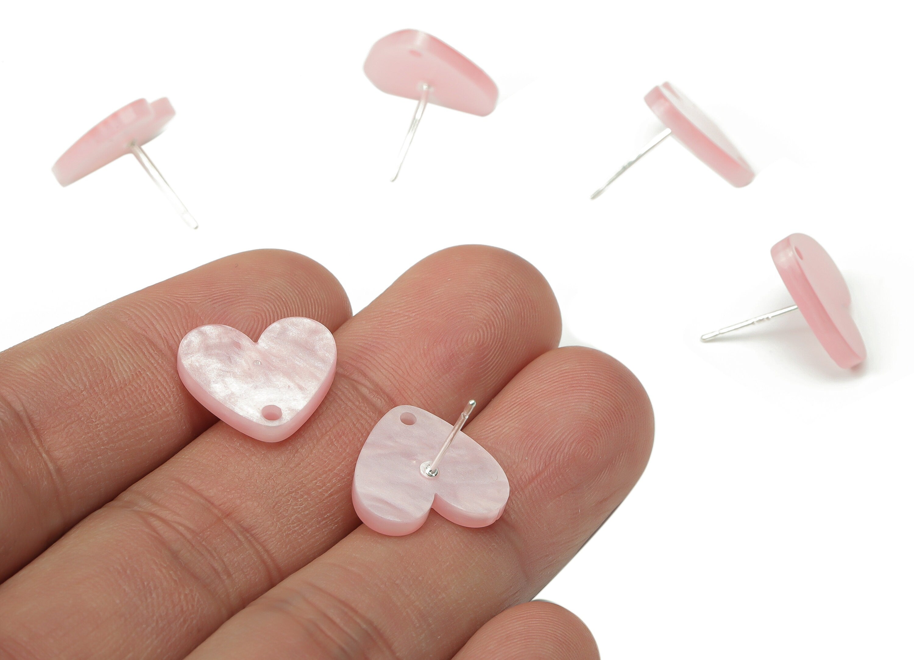 Acrylic Heart Earring Stud – Pink Acrylic Heart Earring Post - Silver Plated Cupronickel Stud - Jewelry Making - 15.57x14.5x2.31mm - AC2486A - DOMEDBAZAAR