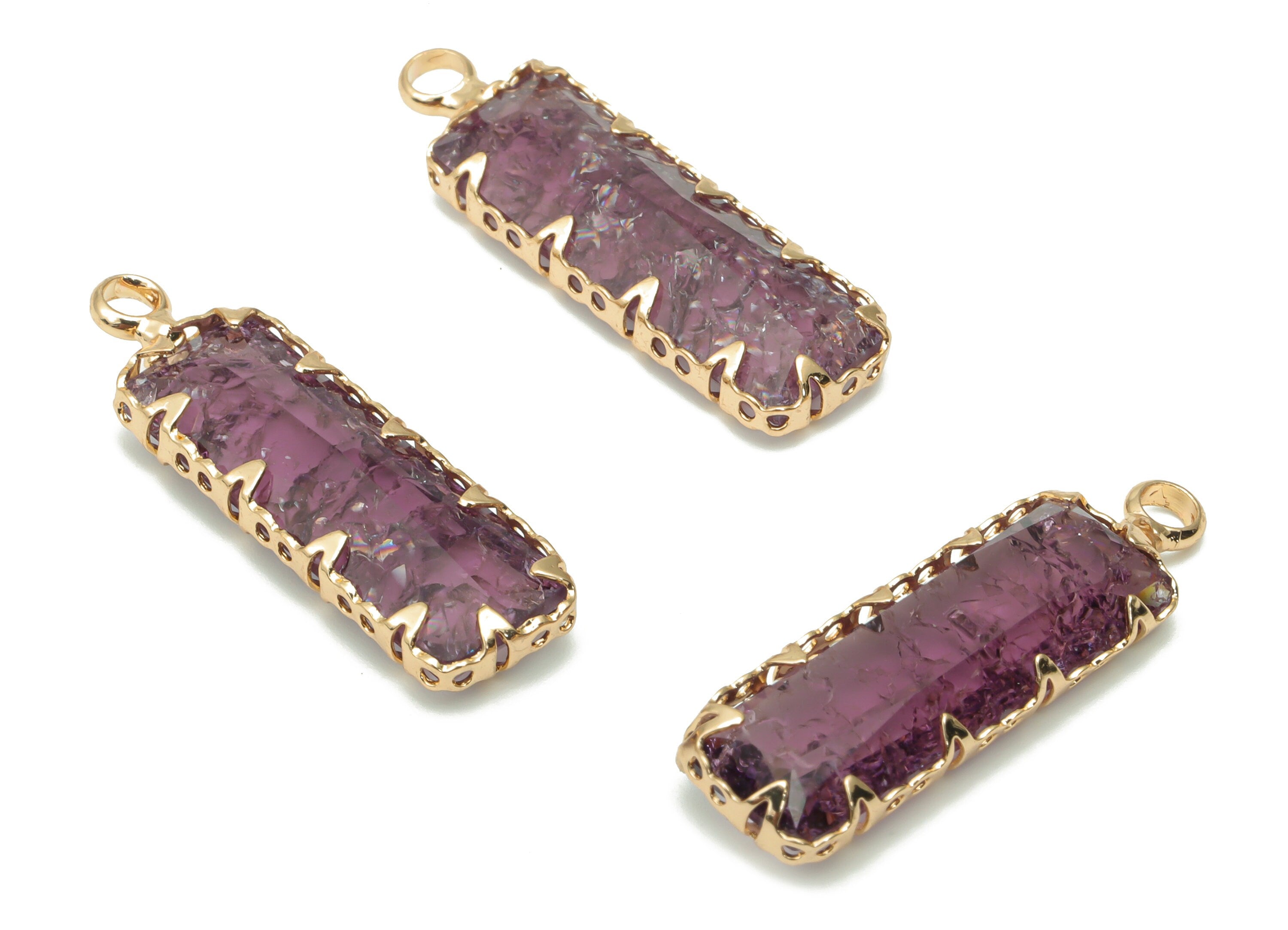 Glass Rectangle Earring Charms with Loop - Brass Rectangle Frame Pendant - Gold Tone Plated Brass - Faceted Glass - 26.3x8.2x4.4mm - GS1113A - DOMEDBAZAAR