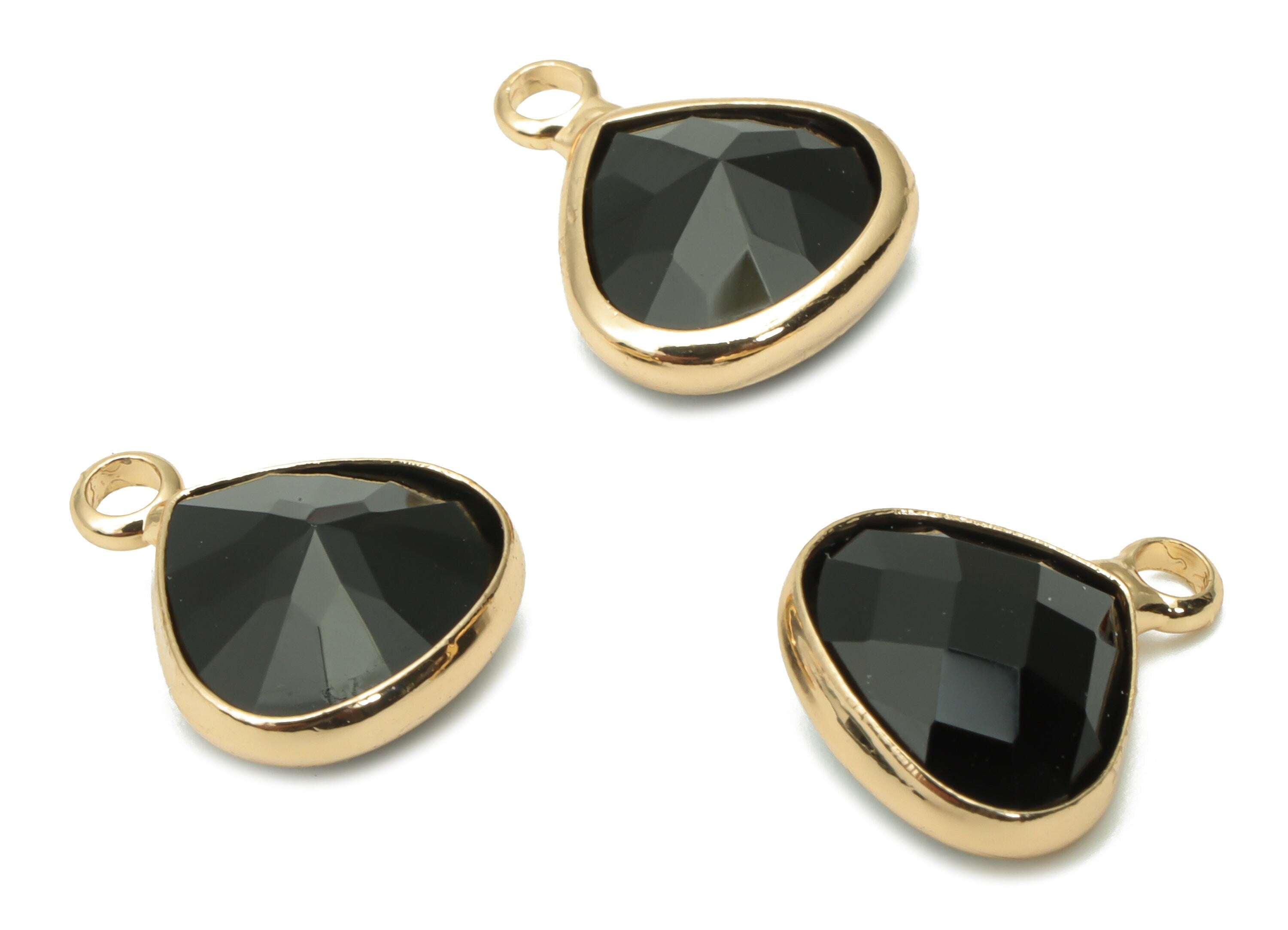 Glass Drop Loop Earring Charms - Brass Teardrop Frame Pendant - Gold Tone Plated Brass - Faceted Glass - 12.67x10.24x5.19mm - GS1101C - DOMEDBAZAAR