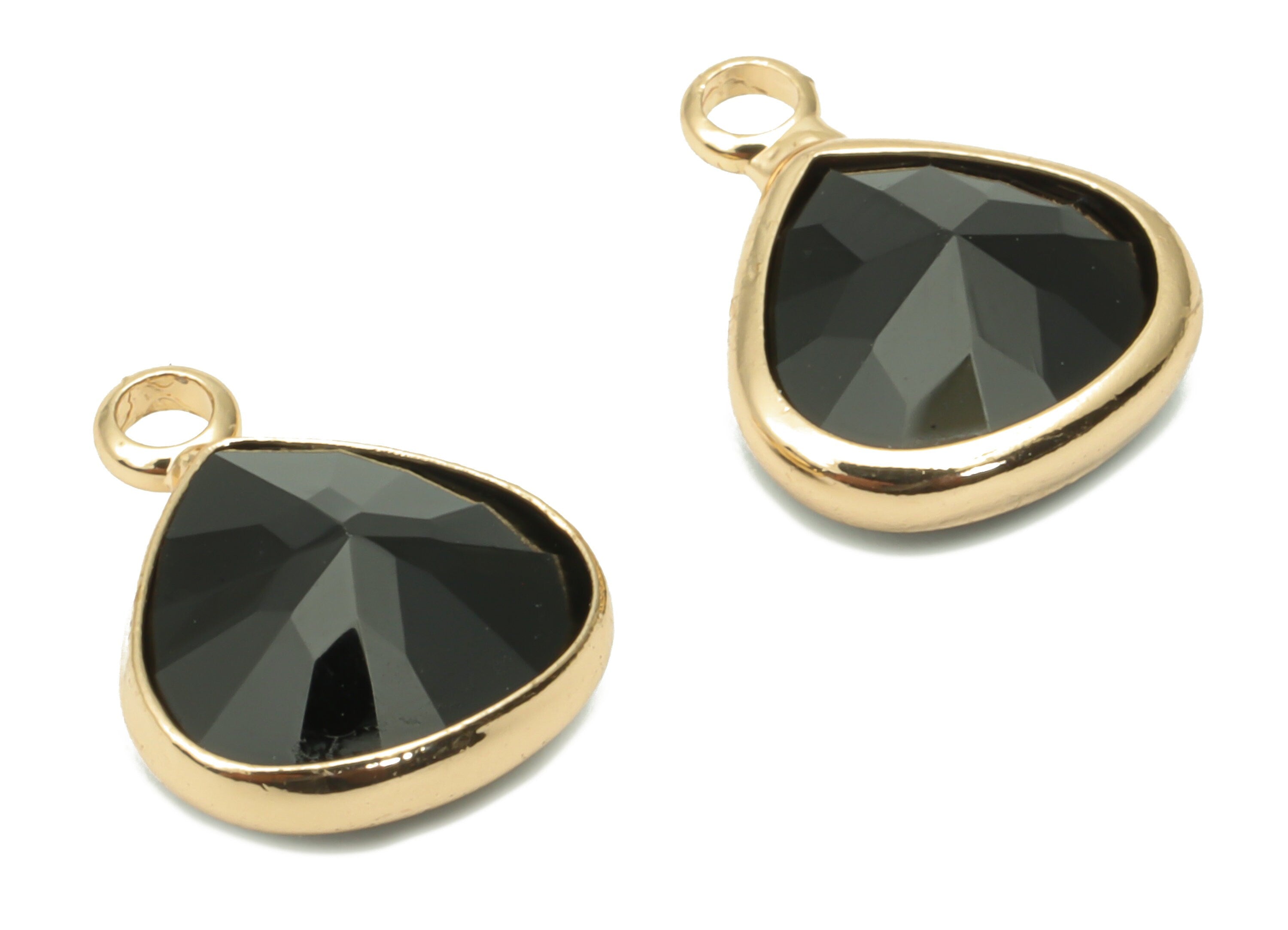 Glass Drop Loop Earring Charms - Brass Teardrop Frame Pendant - Gold Tone Plated Brass - Faceted Glass - 12.67x10.24x5.19mm - GS1101C - DOMEDBAZAAR
