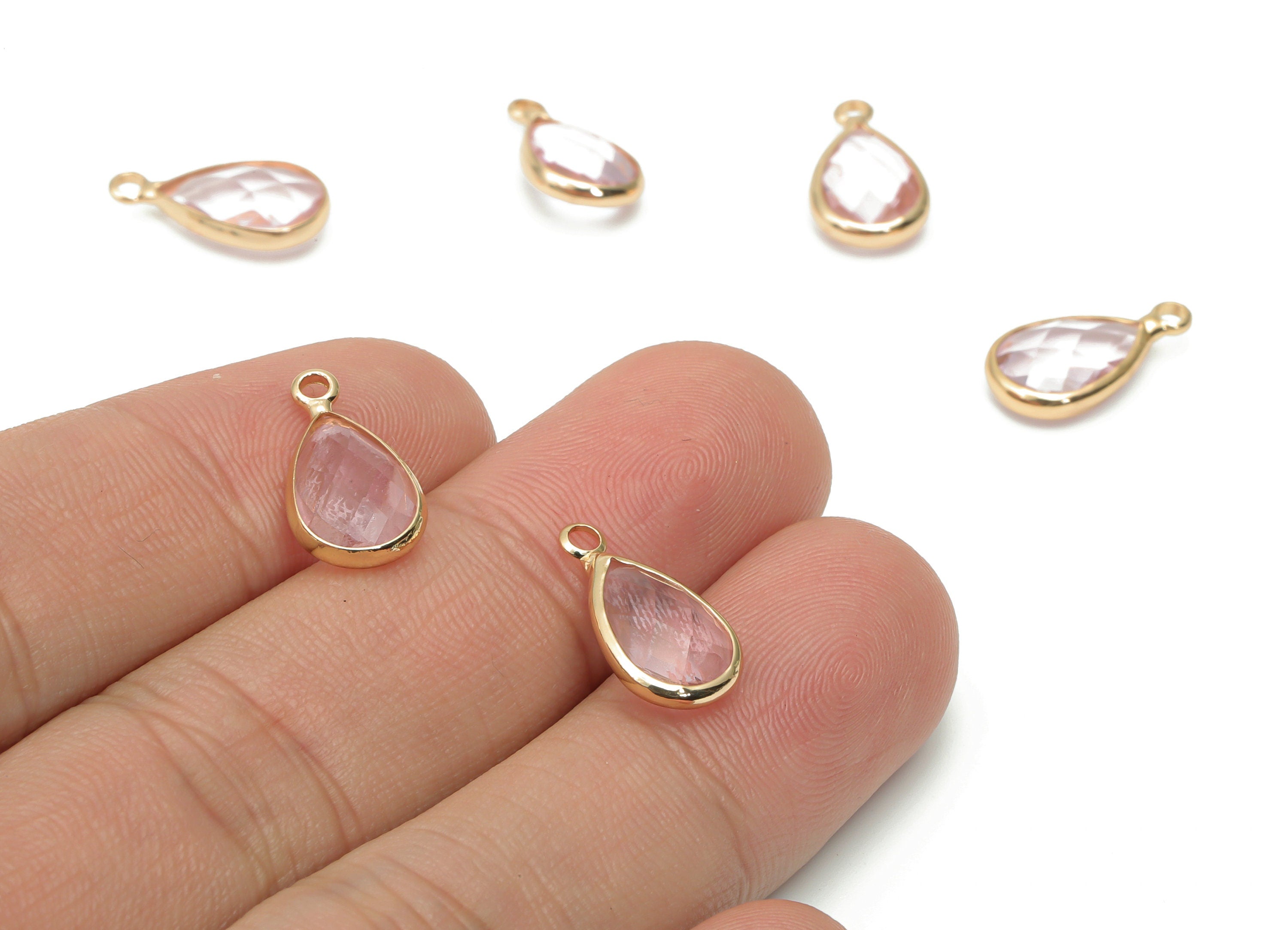 Glass Faceted Drop Loop Earring Charms - Brass Teardrop Frame Pendant - Gold Tone Plated Brass - Faceted Glass - 15.4x8.47x4.24mm - GS1099E - DOMEDBAZAAR