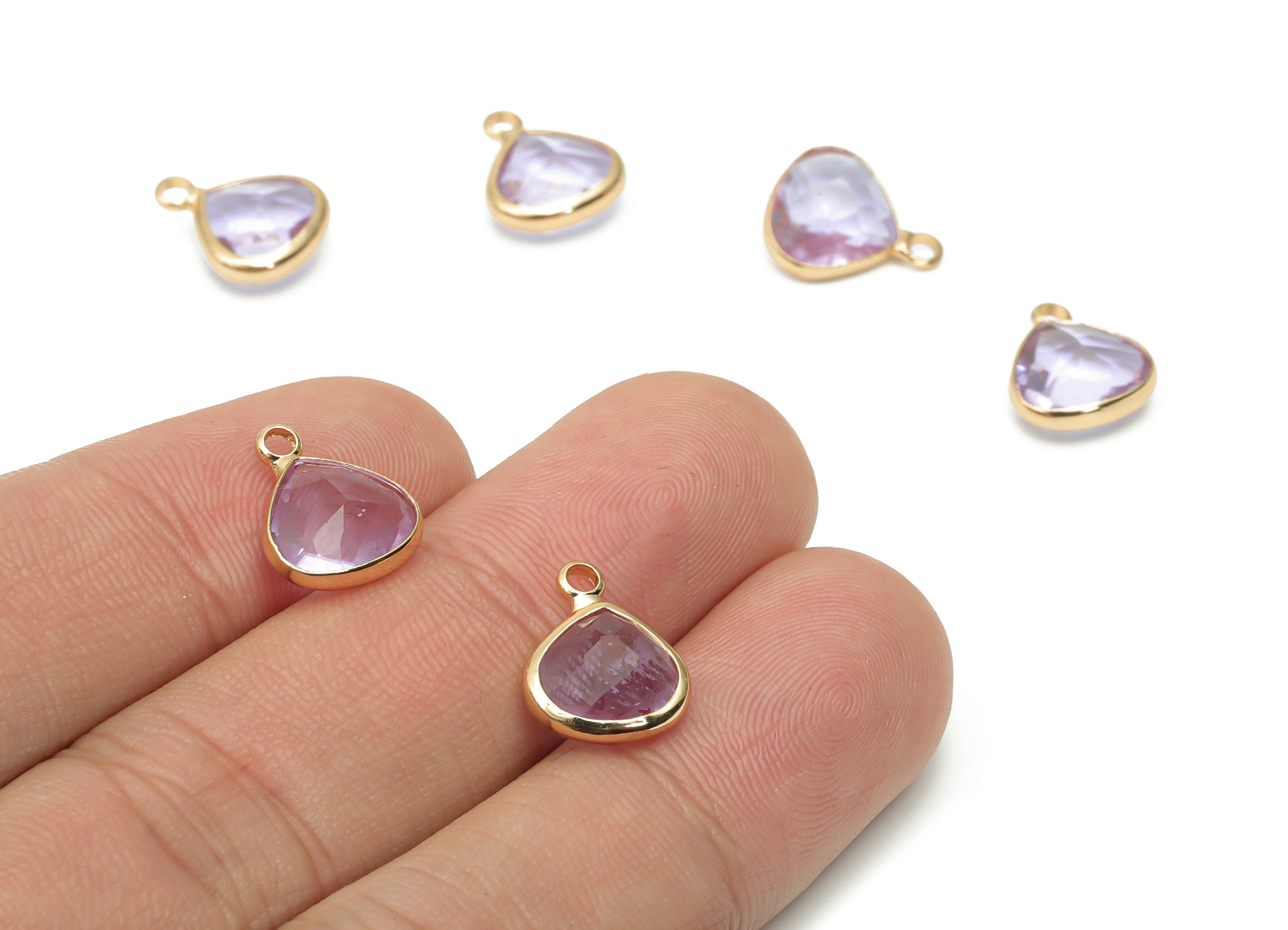 Glass Drop Loop Earring Charms - Brass Teardrop Frame Pendant - Gold Tone Plated Brass - Faceted Glass - 12.67x10.24x5.19mm - GS1101D - DOMEDBAZAAR