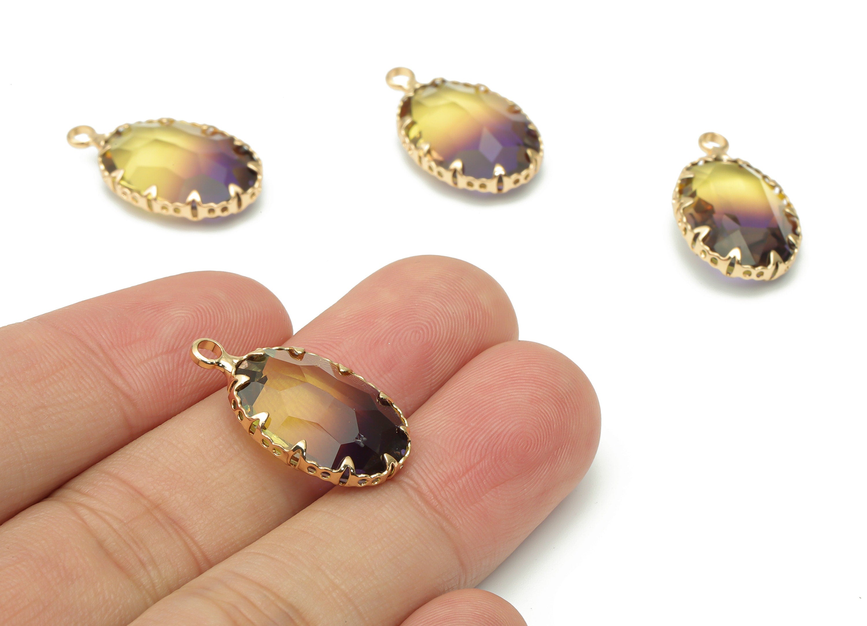 Glass Faceted Oval Charms With Loop - Brass Rainbow Oval Frame Pendant - Gold Tone Plated Brass - Faceted Glass - 22.5x13.59x6.2mm - GS1115C - DOMEDBAZAAR