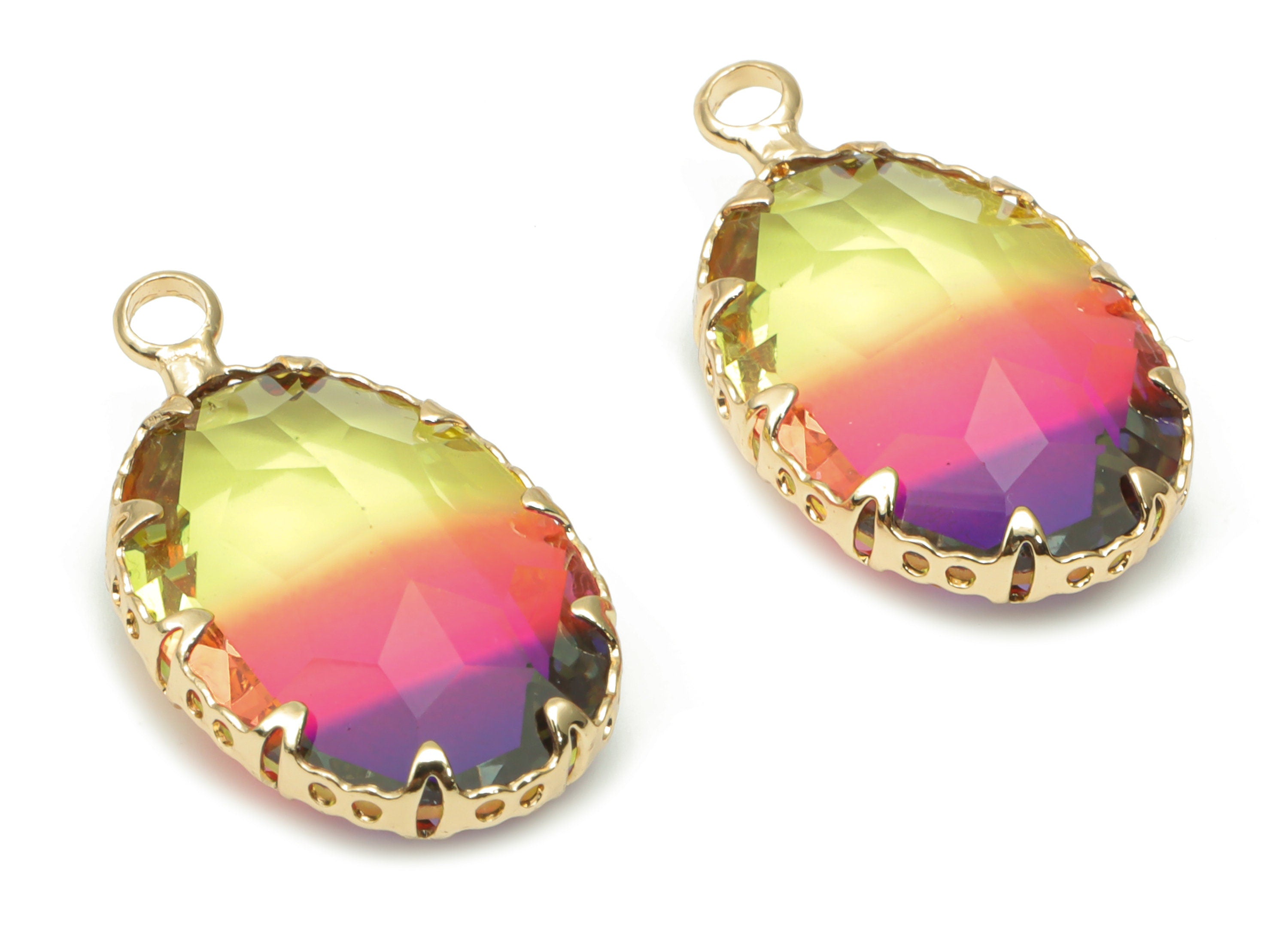 Glass Faceted Oval Earring With Loop - Brass Rainbow Oval Frame Pendant - Gold Tone Plated Brass - Faceted Glass - 22.5x13.6x6.2mm - GS1115B - DOMEDBAZAAR