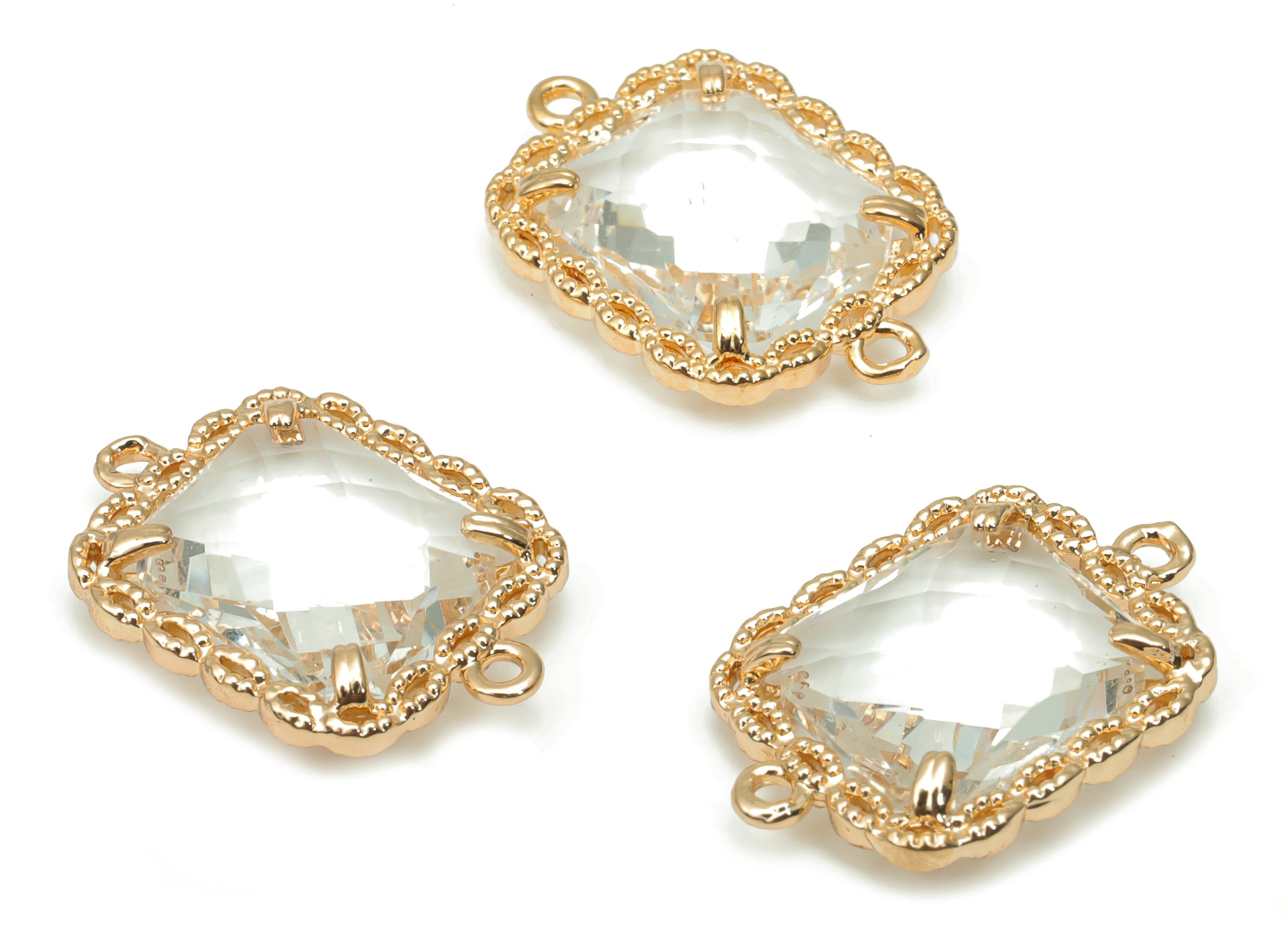 Glass Square Earring Bracelet With Loop - Brass Square Connector - Gold Tone Plated Brass - Faceted Glass - 20.33x14.2x4.8mm - GS1098 - DOMEDBAZAAR