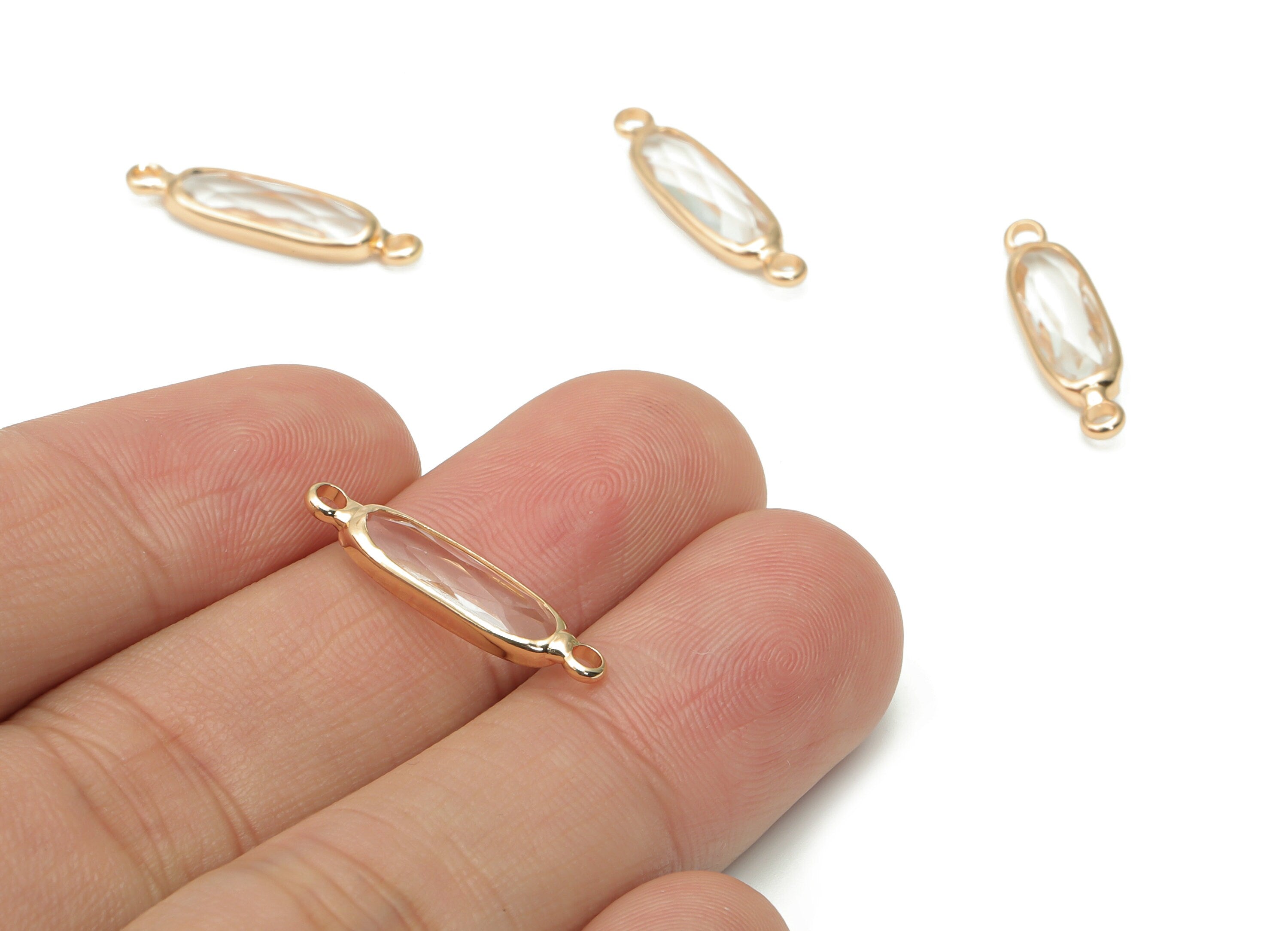 Glass Long Oval Bracelet Earring Connector - Brass Oval Charms - Gold Tone Plated Brass - Faceted Glass - 21.93x5.81x3.47mm - GS1103A - DOMEDBAZAAR