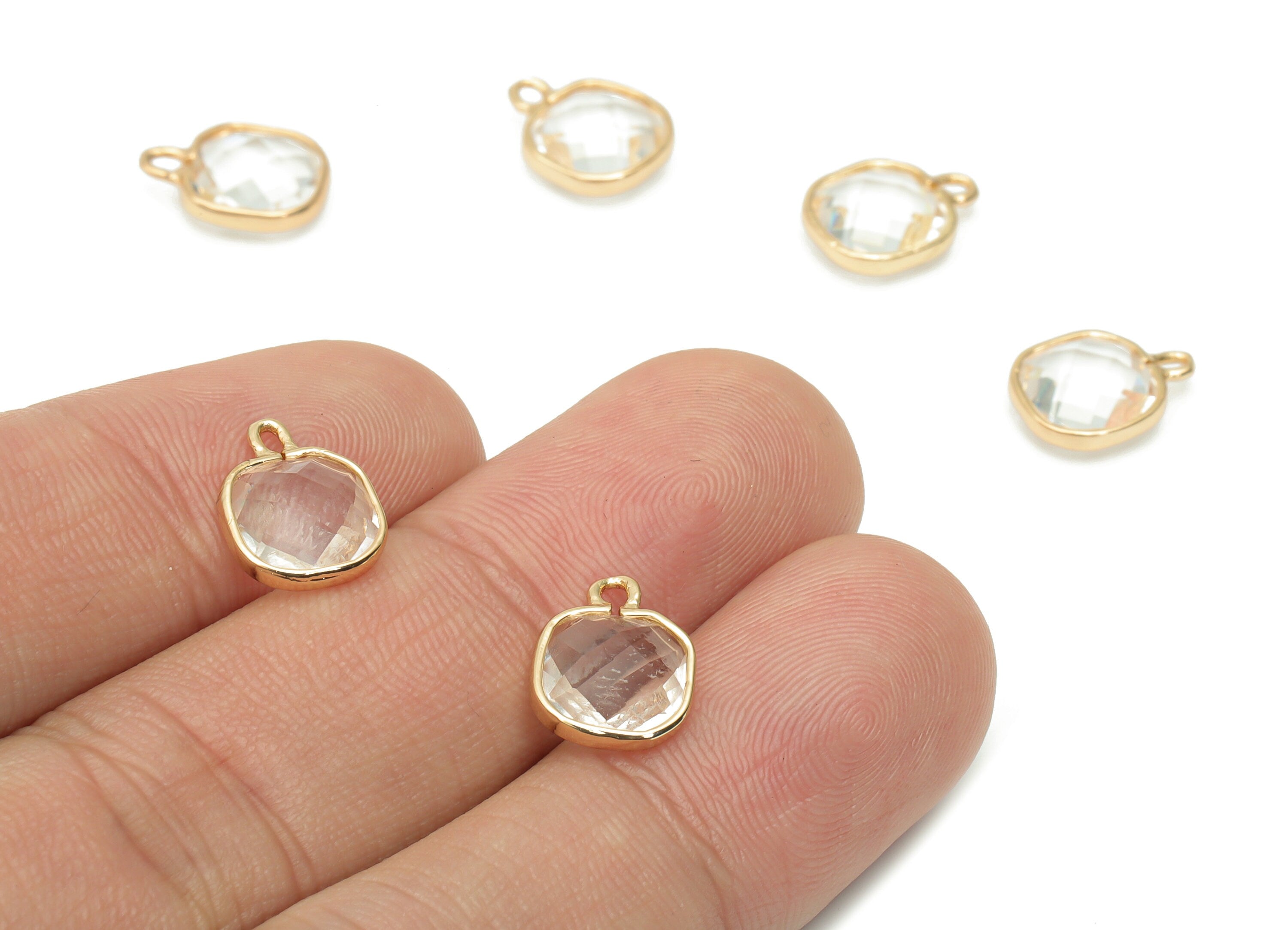 Glass Square Loop Earring Charms - Brass Square Frame Pendant - Gold Tone Plated Brass - Faceted Glass - 11.68x9.04x3.92mm - GS1105 - DOMEDBAZAAR