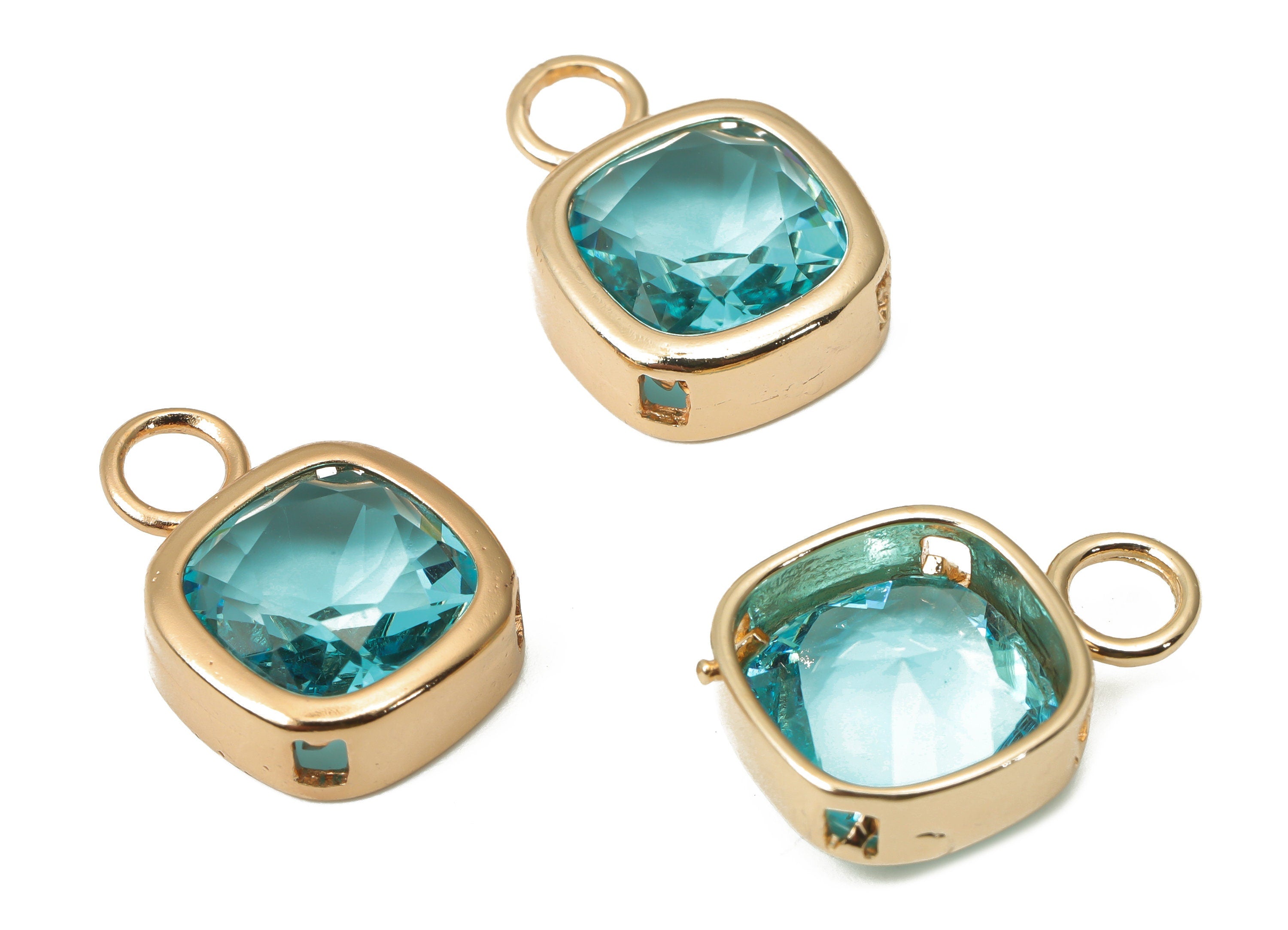 Glass Square Earring Charms with Loop - Aqua Brass Square Frame Pendant - Gold Tone Plated Brass - Faceted Glass - 17x12.03x5.08mm - GS1123C - DOMEDBAZAAR