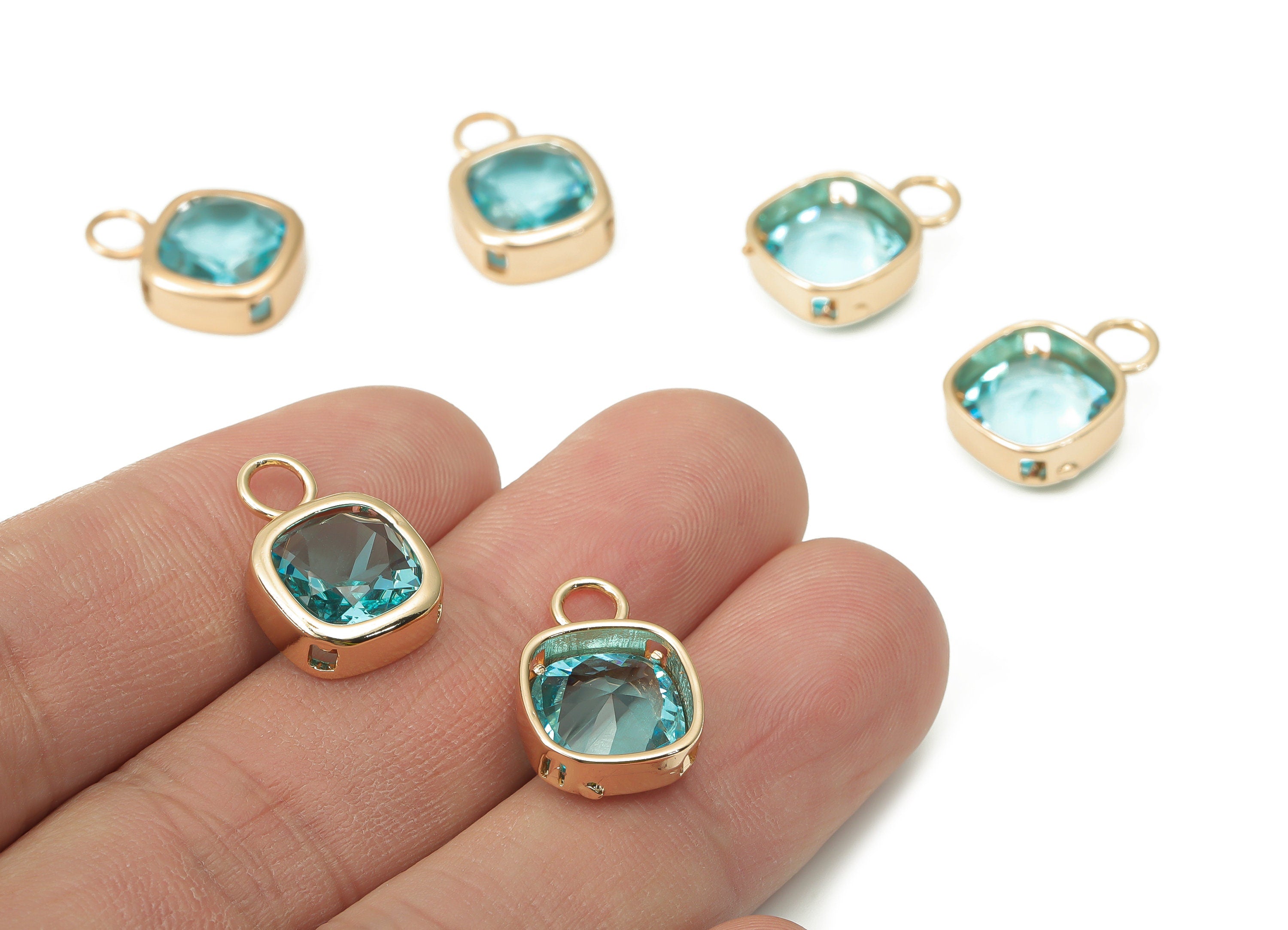 Glass Square Earring Charms with Loop - Aqua Brass Square Frame Pendant - Gold Tone Plated Brass - Faceted Glass - 17x12.03x5.08mm - GS1123C - DOMEDBAZAAR
