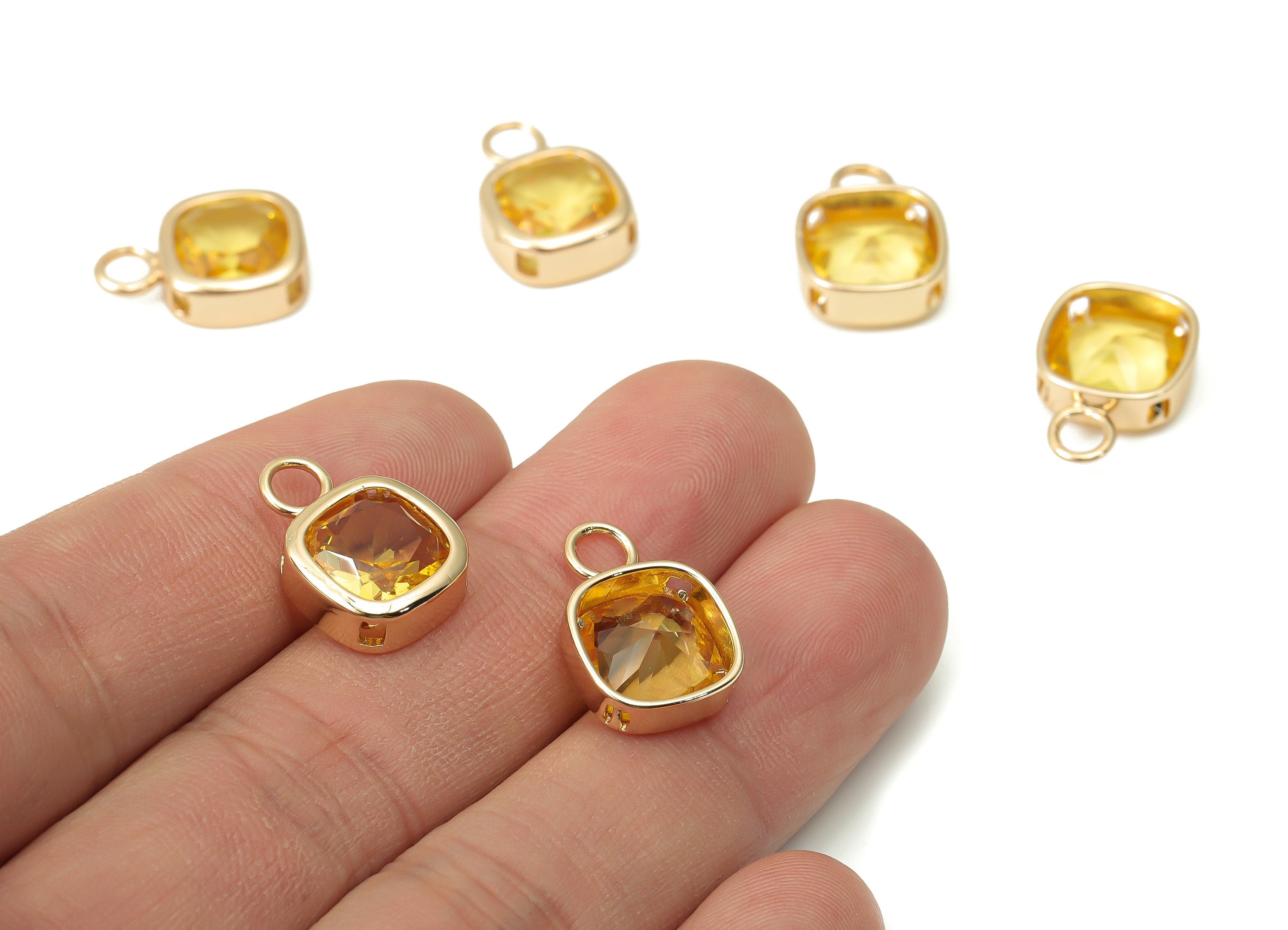 Glass Square Earring Charms with Loop - Yellow Brass Square Frame Pendant - Gold Tone Plated Brass - Faceted Glass - 17x12x5.1mm - GS1123E - DOMEDBAZAAR