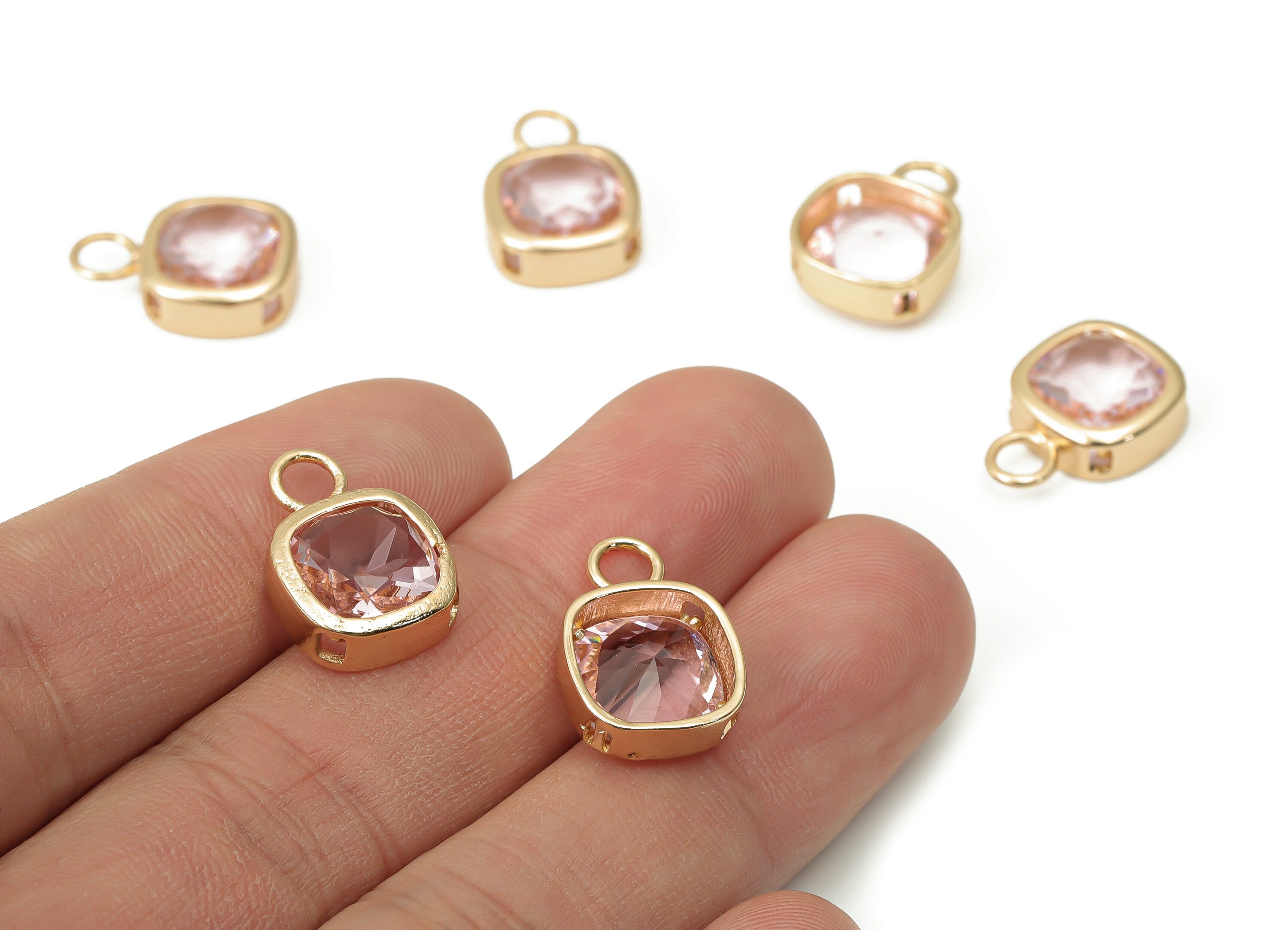 Glass Square Earring Charms with Loop - Brass Square Frame Pendant - Gold Tone Plated Brass - Faceted Glass - 17x12.03x5.08mm - GS1123H - DOMEDBAZAAR