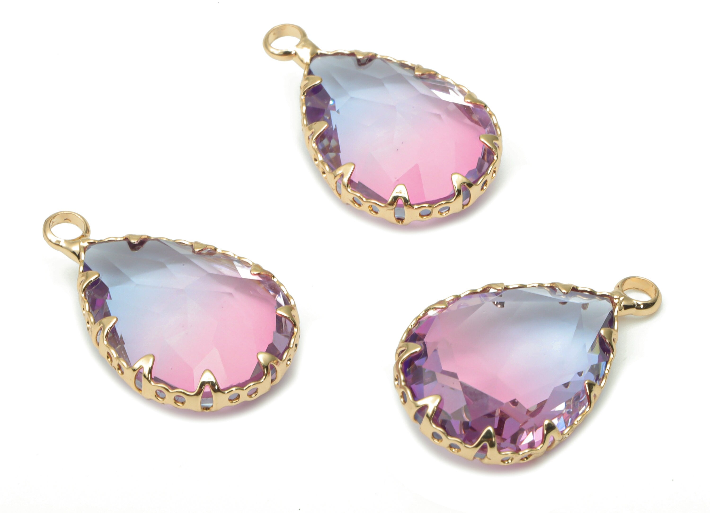 Glass Faceted Drop Charms with Loop - Brass Teardrop Frame Pendant - Gold Tone Plated Brass - Faceted Glass - 23.1x13.93x6.86mm - GS1116B - DOMEDBAZAAR