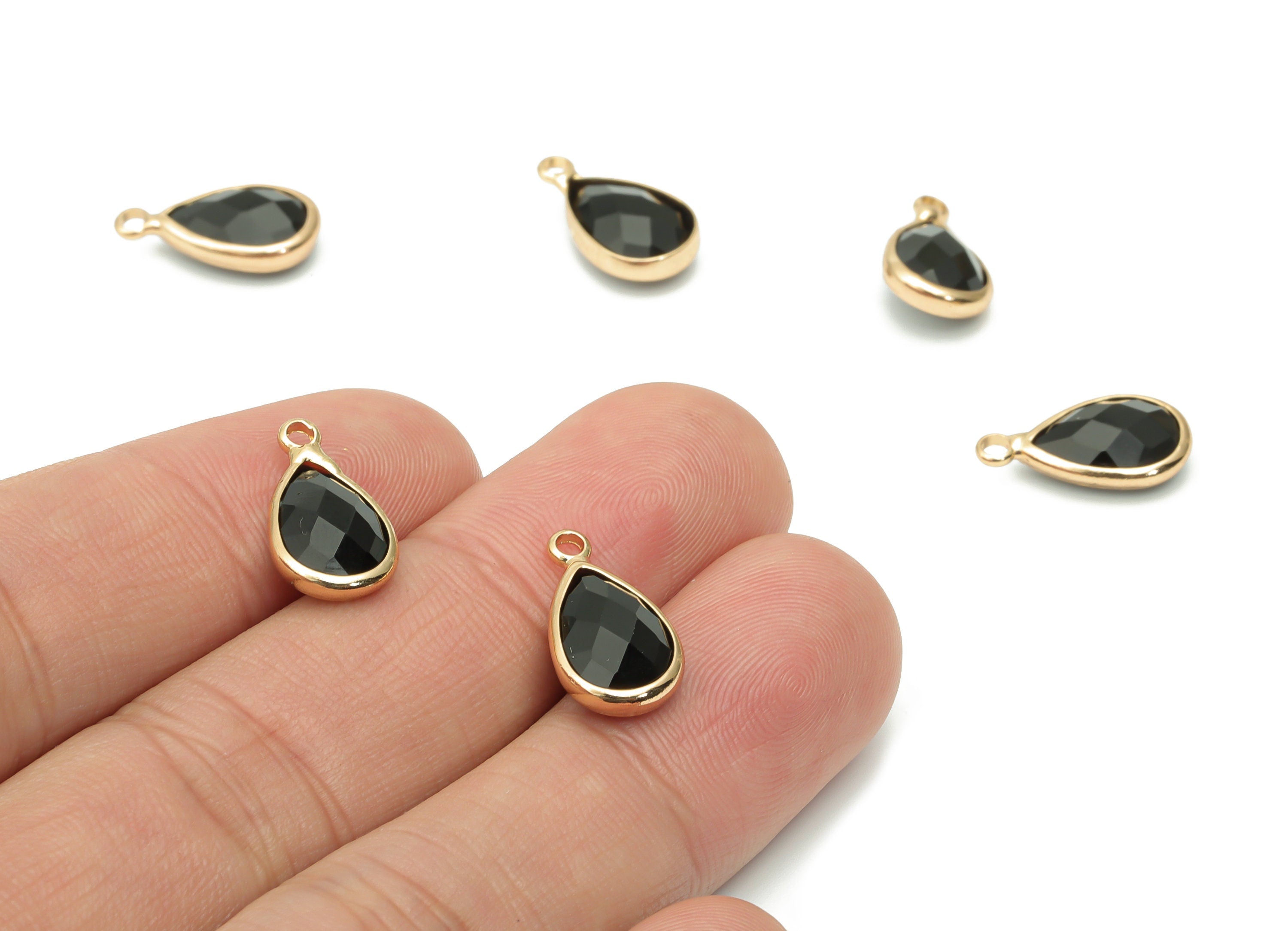 Glass Faceted Drop Loop Earring Charms - Brass Teardrop Frame Pendant - Gold Tone Plated Brass - Faceted Glass - 15.4x8.47x4.24mm - GS1099B - DOMEDBAZAAR