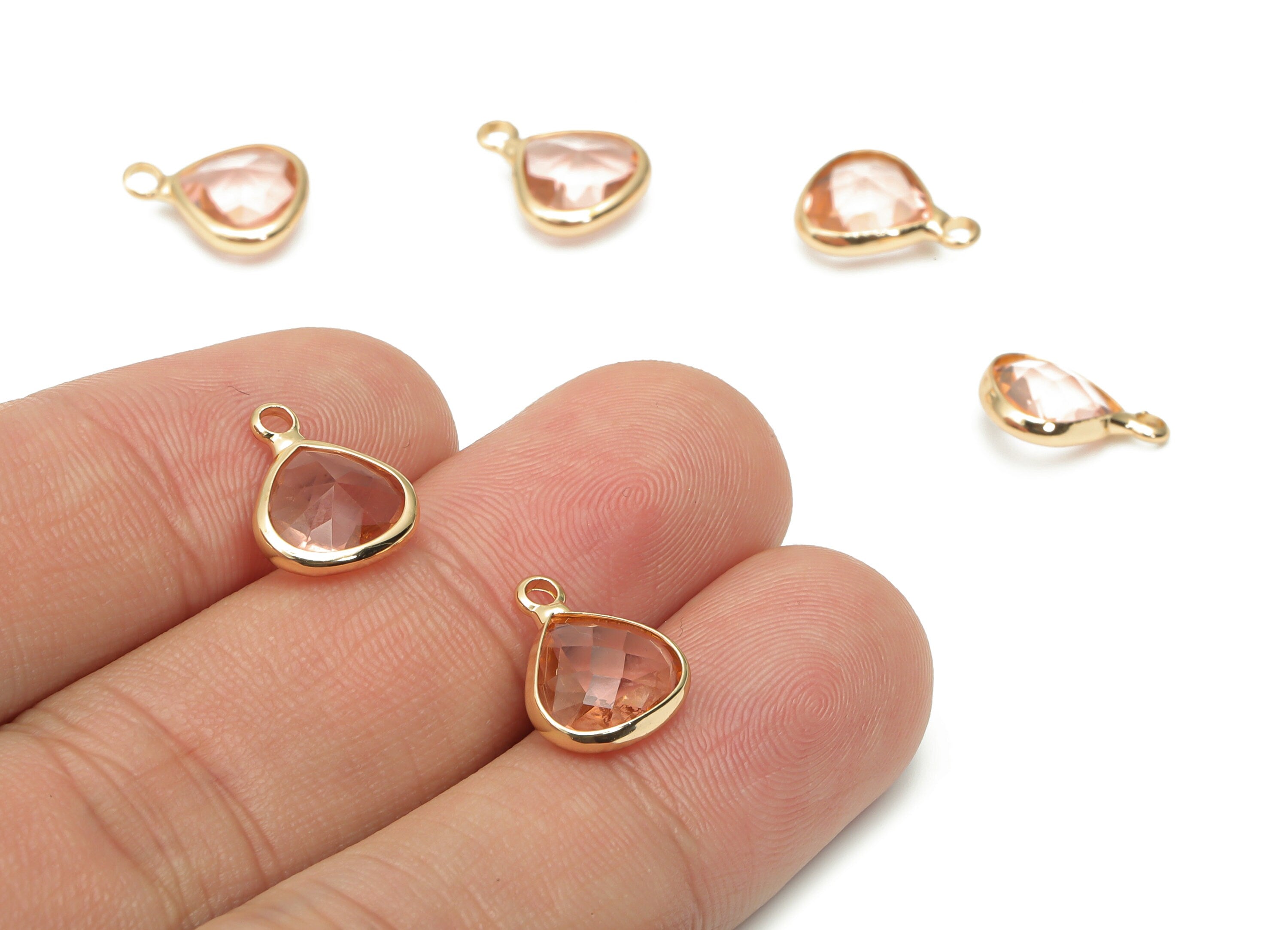 Glass Drop Loop Earring Charms - Brass Teardrop Frame Pendant - Gold Tone Plated Brass - Faceted Glass - 12.67x10.24x5.19mm - GS1101B - DOMEDBAZAAR