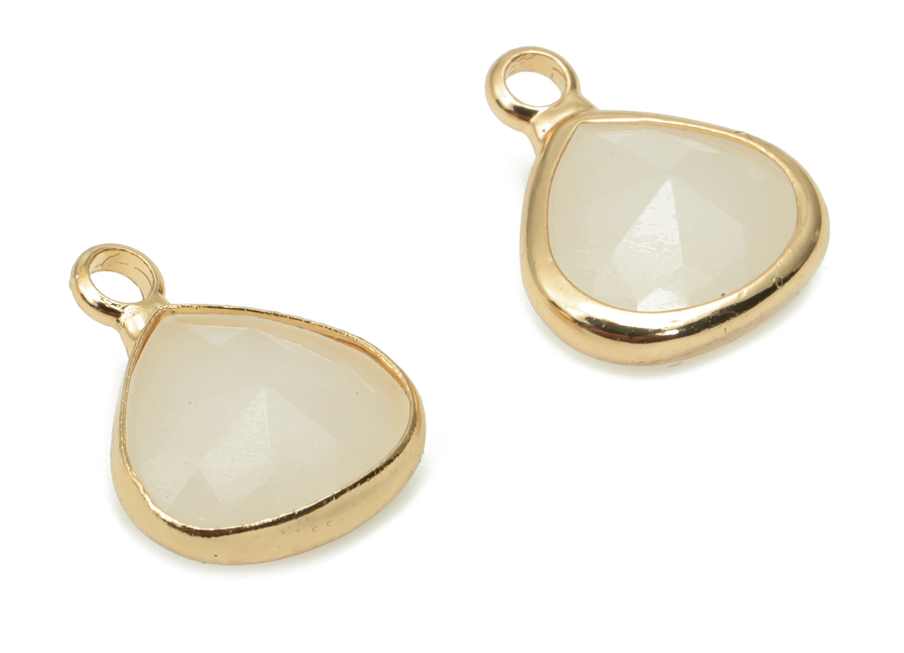 Glass Drop Loop Earring Charms - Brass Teardrop Frame Pendant - Gold Tone Plated Brass - Faceted Glass - 12.71x10.21x4.91mm - GS1111 - DOMEDBAZAAR