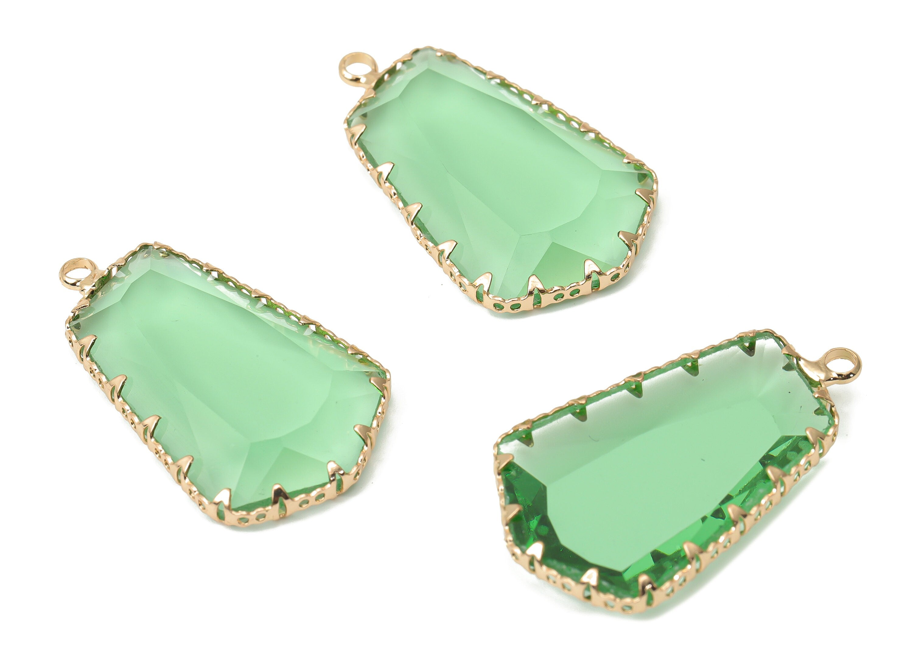 Glass Pentagon Charms with Loop - Green Brass Pentagon Frame Pendant - Gold Tone Plated Brass - Faceted Glass - 34.12x19.6x4.8mm - GS1132C - DOMEDBAZAAR