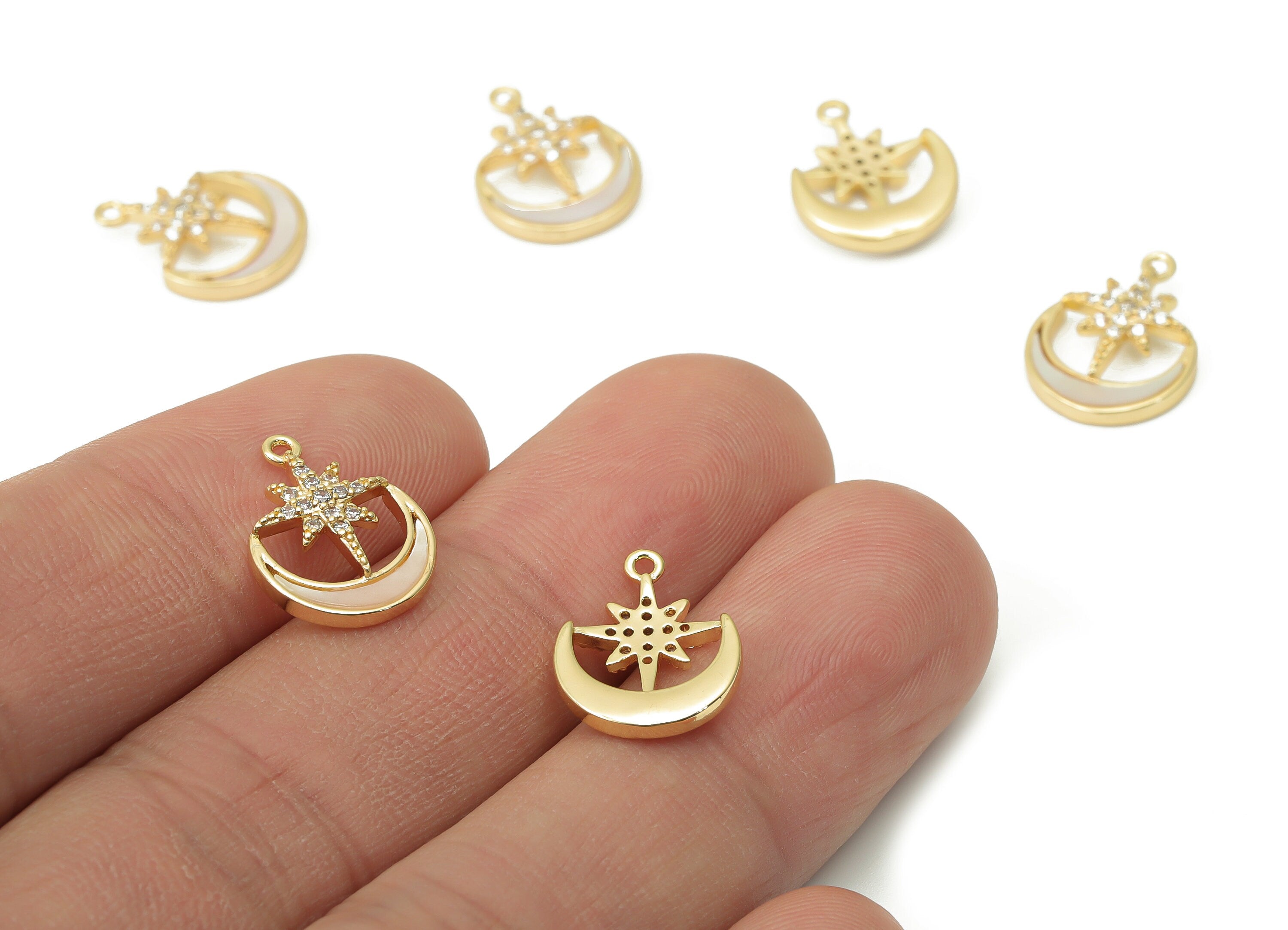 Brass Crescent Earring Charms with Zincons - Shell Moon Star Pendant - 18K Real Gold Plated - 14.75x11.44x2.91mm - RGP4384 - DOMEDBAZAAR