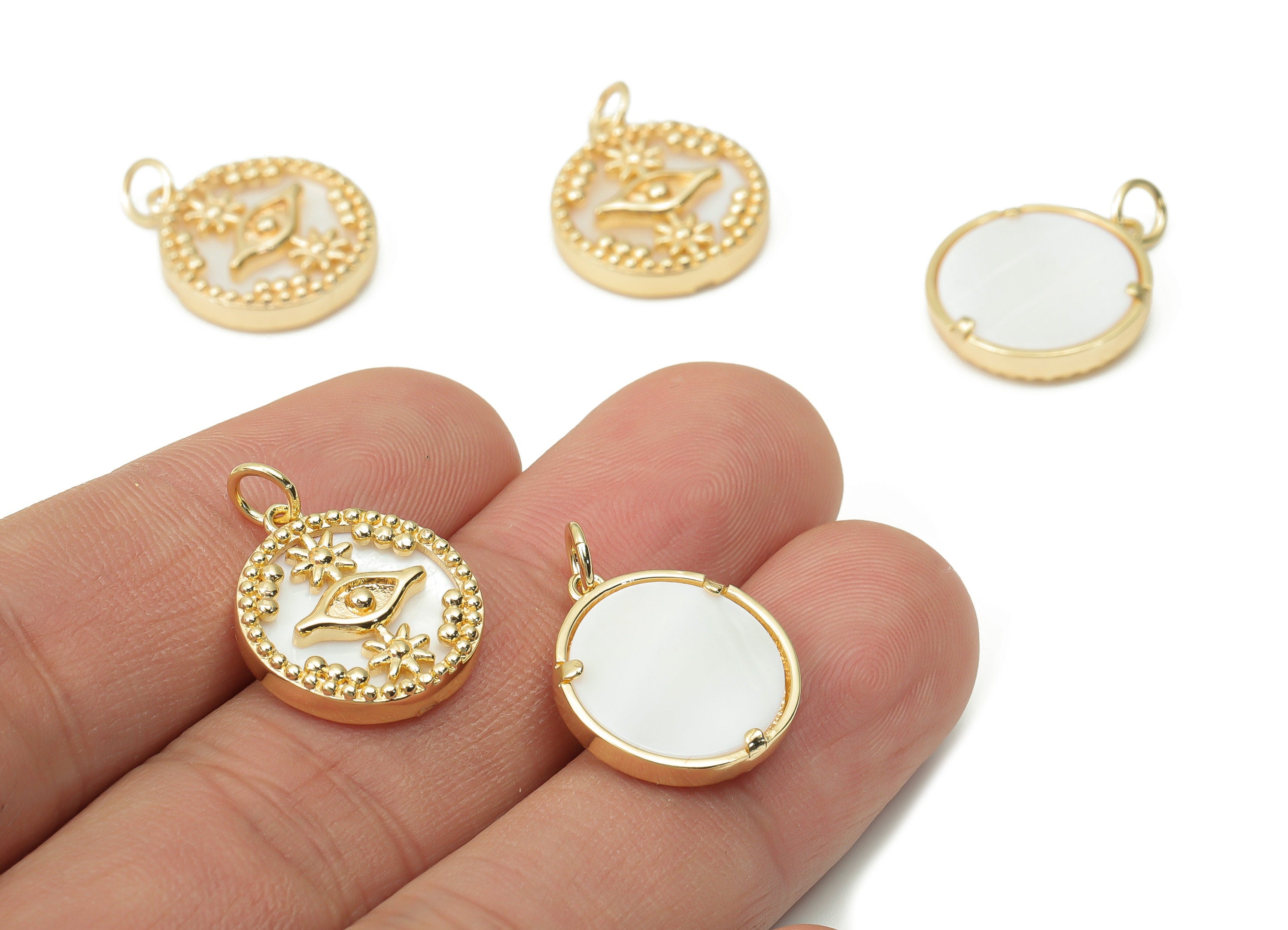 Brass Round Planet Eye Earring Charms - Shell Star Beads Circle Pendant - 18K Real Gold Plated Brass - 17.62x15.72x3.32mm - RGP4380 - DOMEDBAZAAR