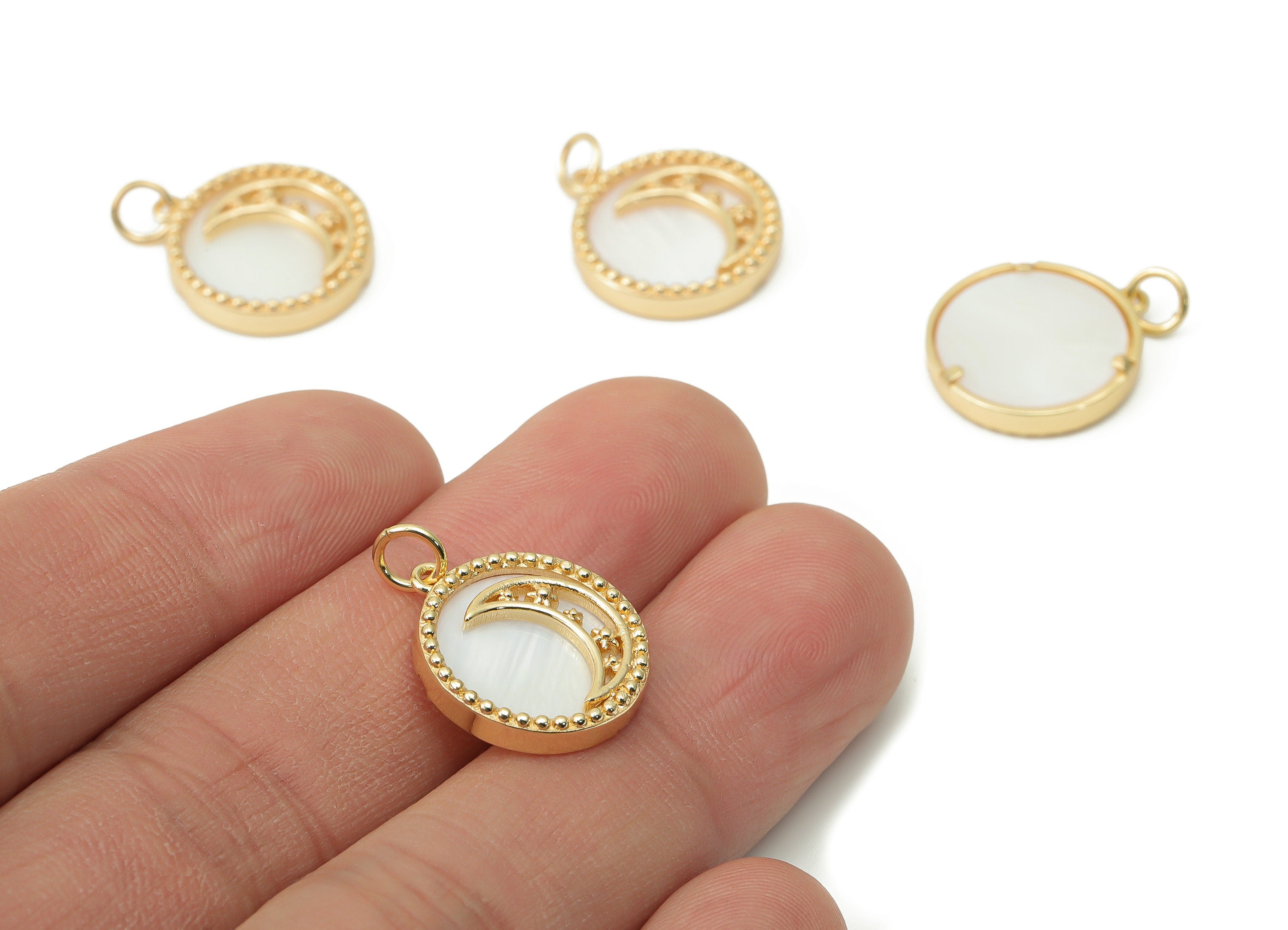 Brass Round Planet Crescent Earring Charms - Shell Star Moon Beads Circle Pendant - 18K Real Gold Plated Brass - 17.66x15.91x2.8mm - RGP4381 - DOMEDBAZAAR