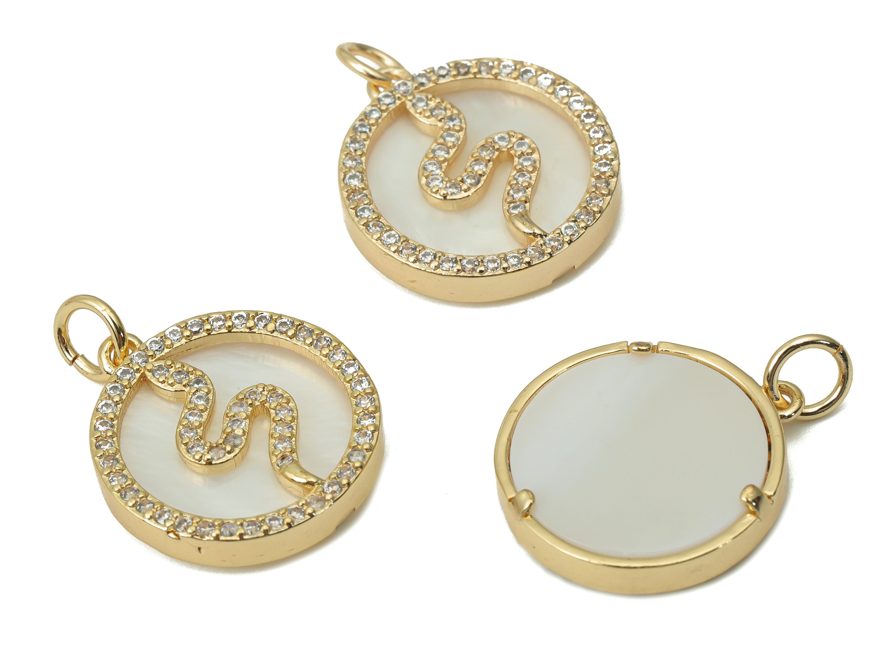 Brass Round Snake Charms with Zincons - Shell Snake Circle Pendant - 18K Real Gold Plated - Jewelry Supplies - 17.72x15.82x3.66mm - RGP4387 - DOMEDBAZAAR