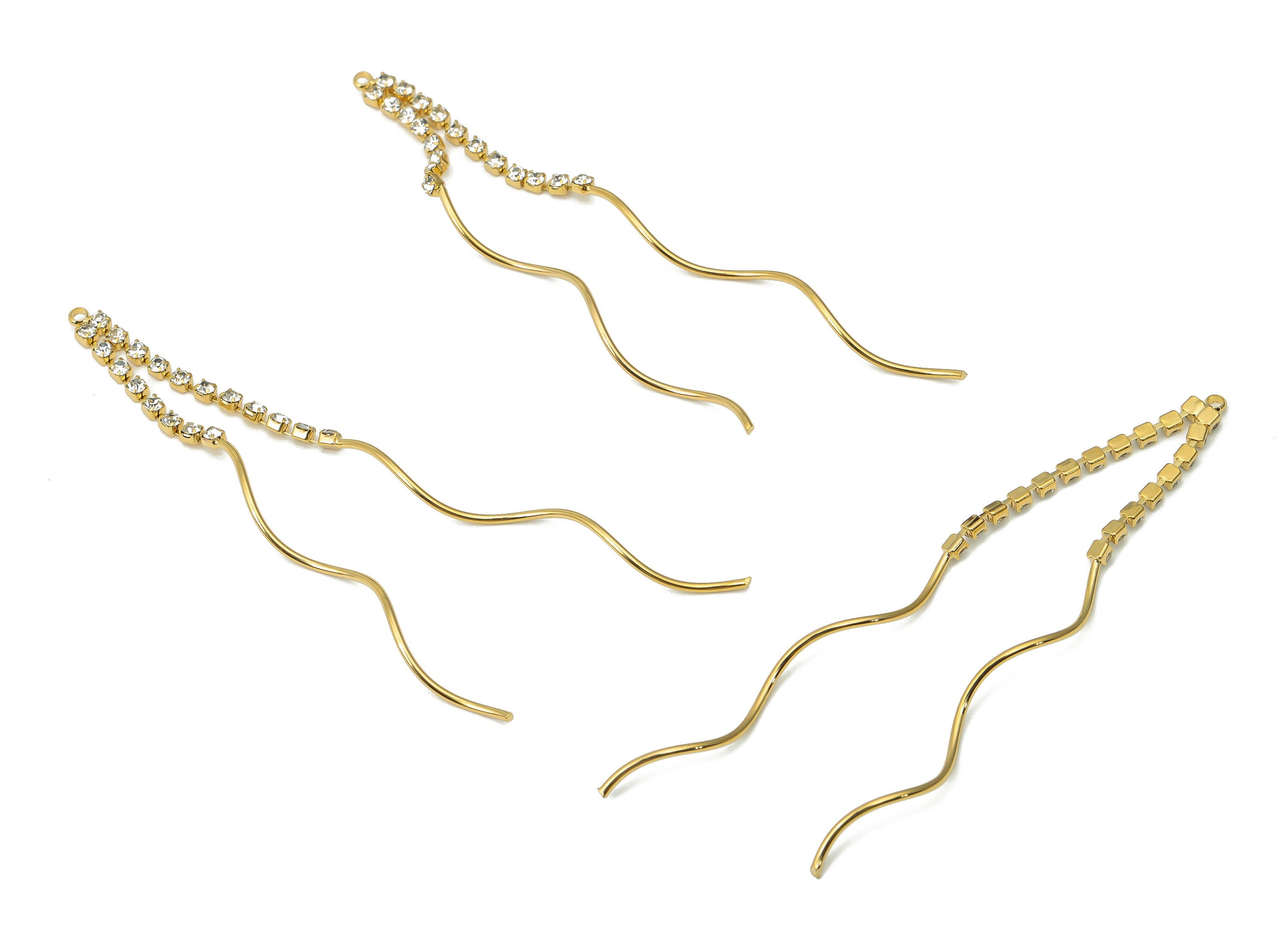 Brass Wave Tassel Wire Earring Charm - Zircon Long Chain Earrings – 18K Real Gold Plated Brass - Jewelry Supplies - 81.7x4.2x1.8mm - RGP4405 - DOMEDBAZAAR