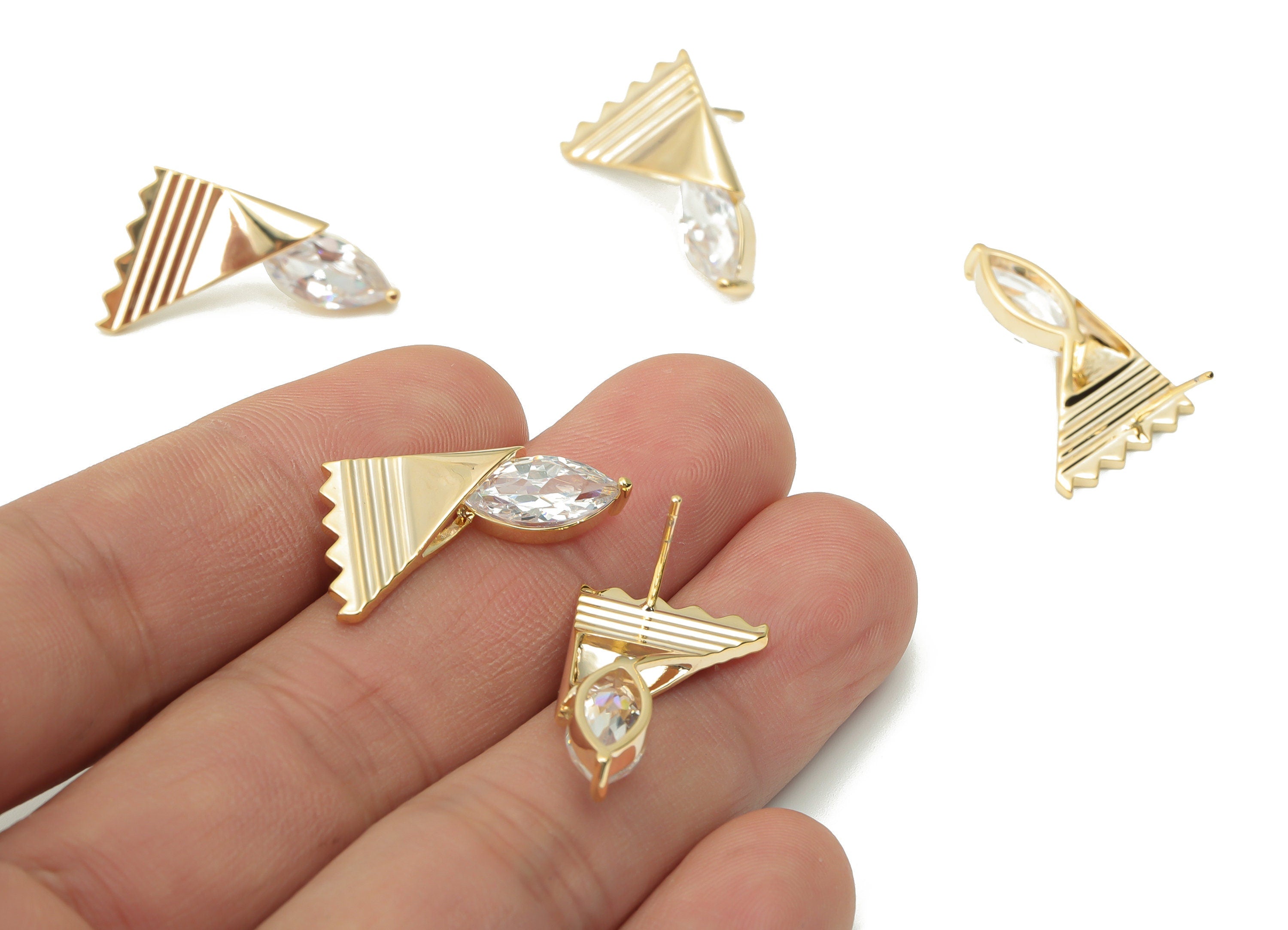 Brass Wave Triangle Earring Stud with Zircon - Gold Triangle Post - Silver Stud - 18k Real Gold Plated Brass - 23.8x14.93x4.92mm - RGP4408 - DOMEDBAZAAR
