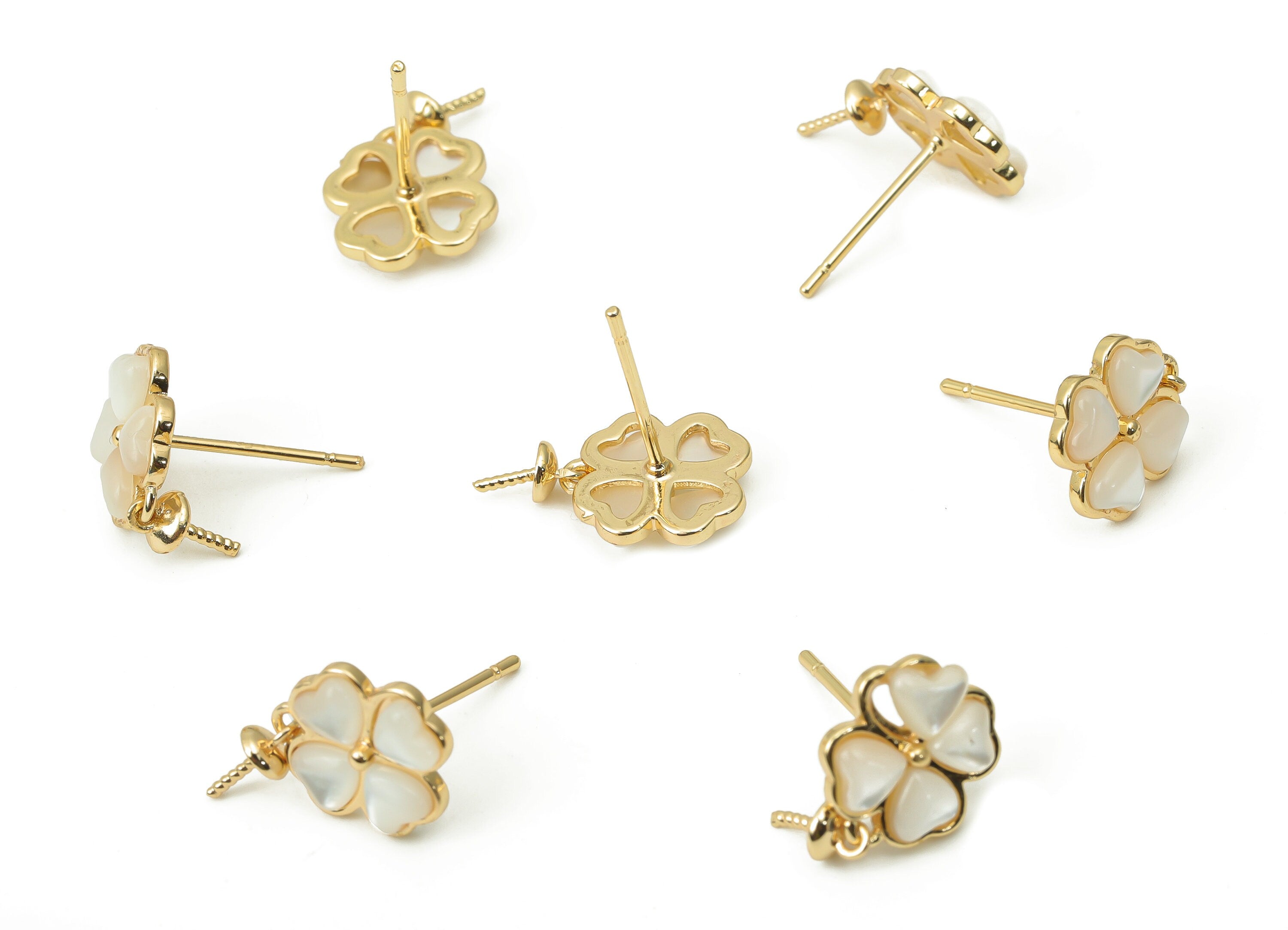 Brass Clover Earring Stud - Shell Four Leaf Clover Earring Post - Silver Stud - 18k Real Gold Plated Brass - 10.6x9.7x2.2mm- RGP4397 - DOMEDBAZAAR