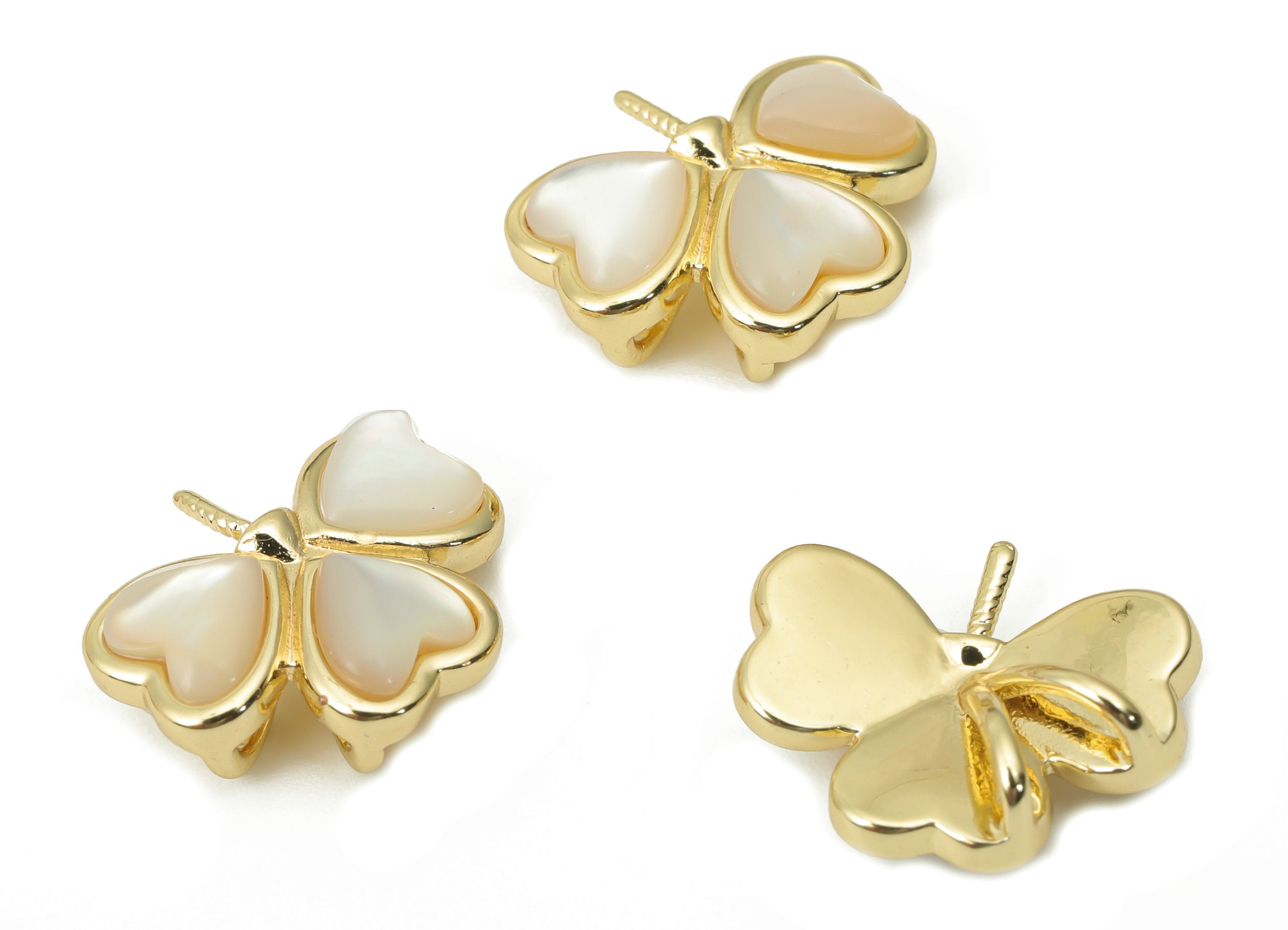 Brass Leaves Heart Connector - Shell Clover Cap Bail Peg for Half Drilled Beads - 18K Real Gold Plated Brass - 14.14x12.37x4.55mm - RGP4383 - DOMEDBAZAAR