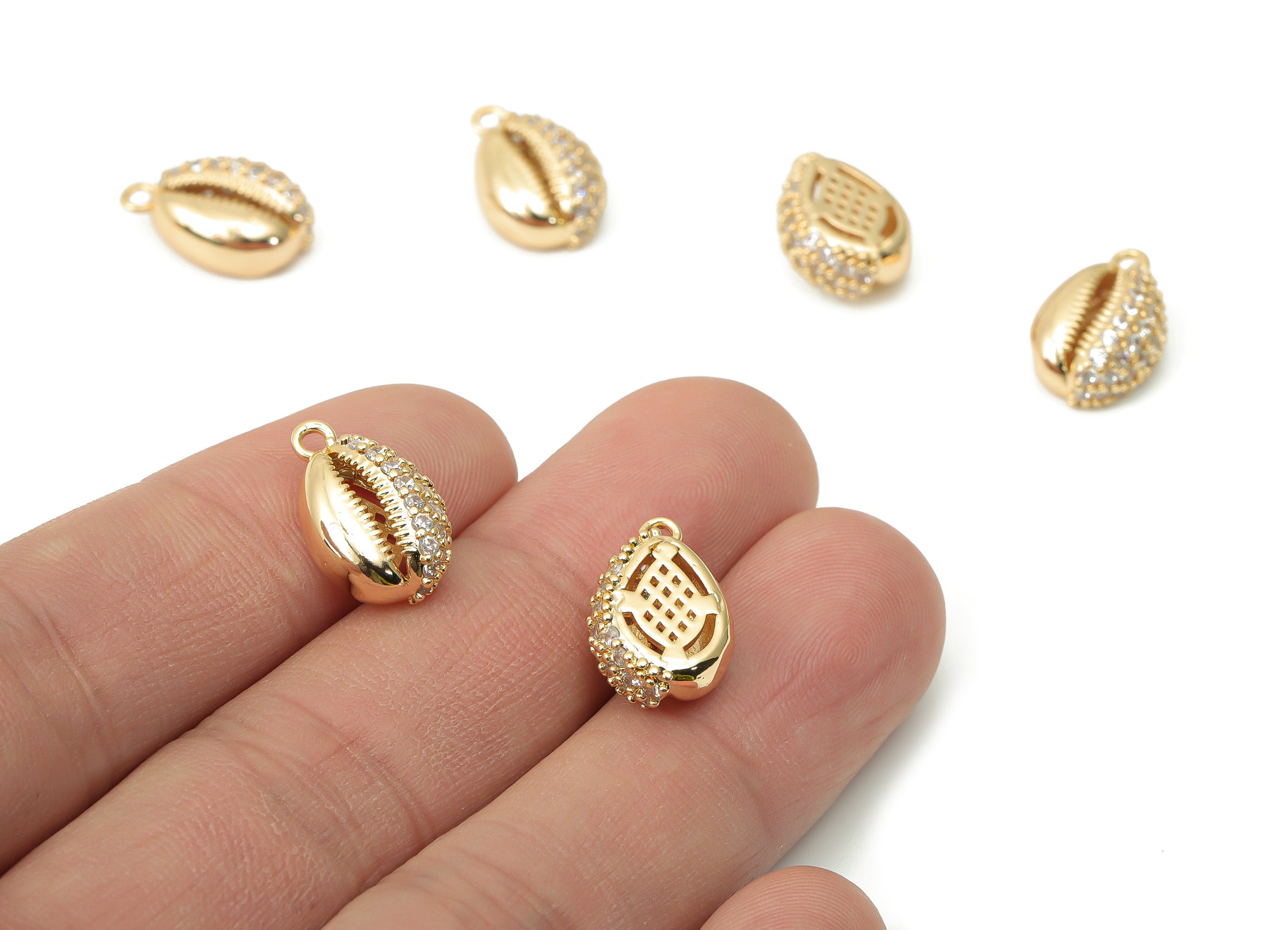 Brass Cowrie Seashell Charms with Zircons - Gold Shell Pendant - 18K Real Gold Plated Brass - Jewelry Supplies - 15.96x10.36x5.5mm - RGP4409 - DOMEDBAZAAR