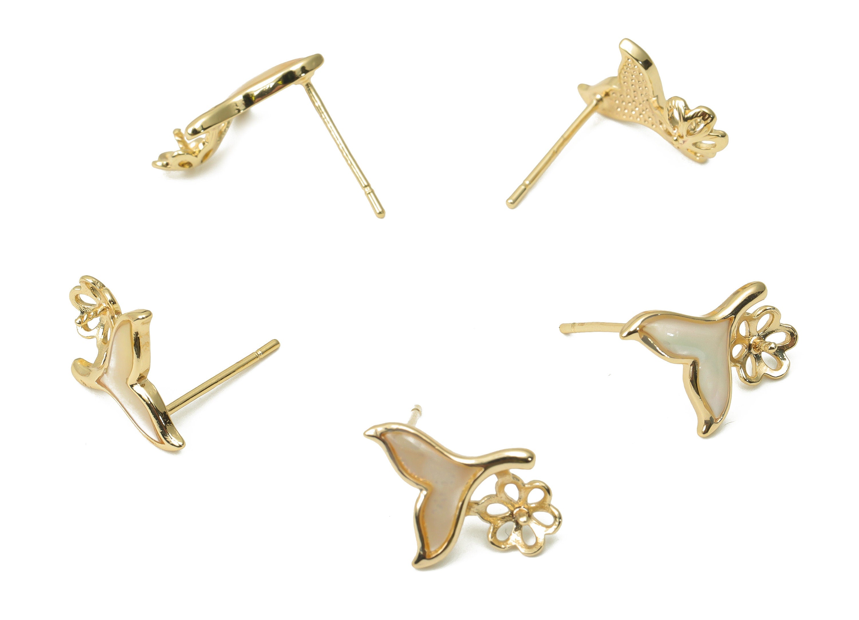 Brass Fish Tail Earring Stud - Shell Flower Post - Silver Stud - 18k Real Gold Plated Brass - Jewelry Supplies - 10.95x9.85x1.98mm - RGP4399 - DOMEDBAZAAR