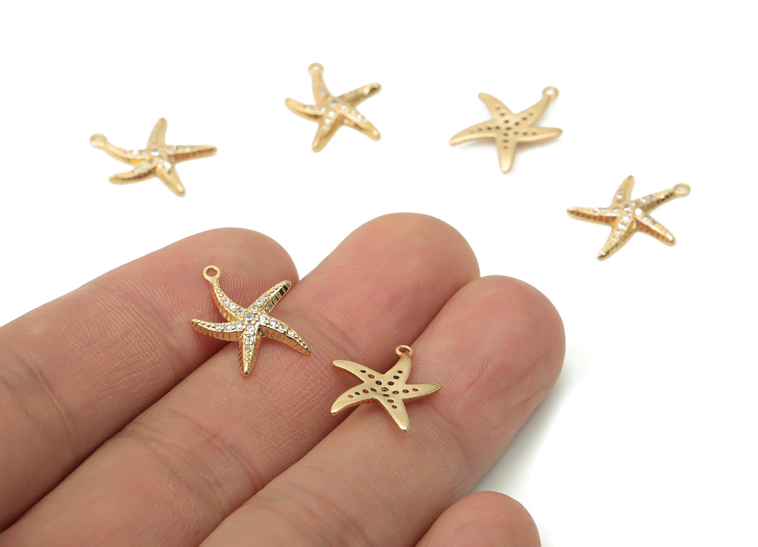 Brass Starfish Earring Charms with Zircon - Gold Starfish Pendant - 18K Real Gold Plated Brass - Jewelry Supplies - 17.5x13.1x1.9mm- RGP4411 - DOMEDBAZAAR