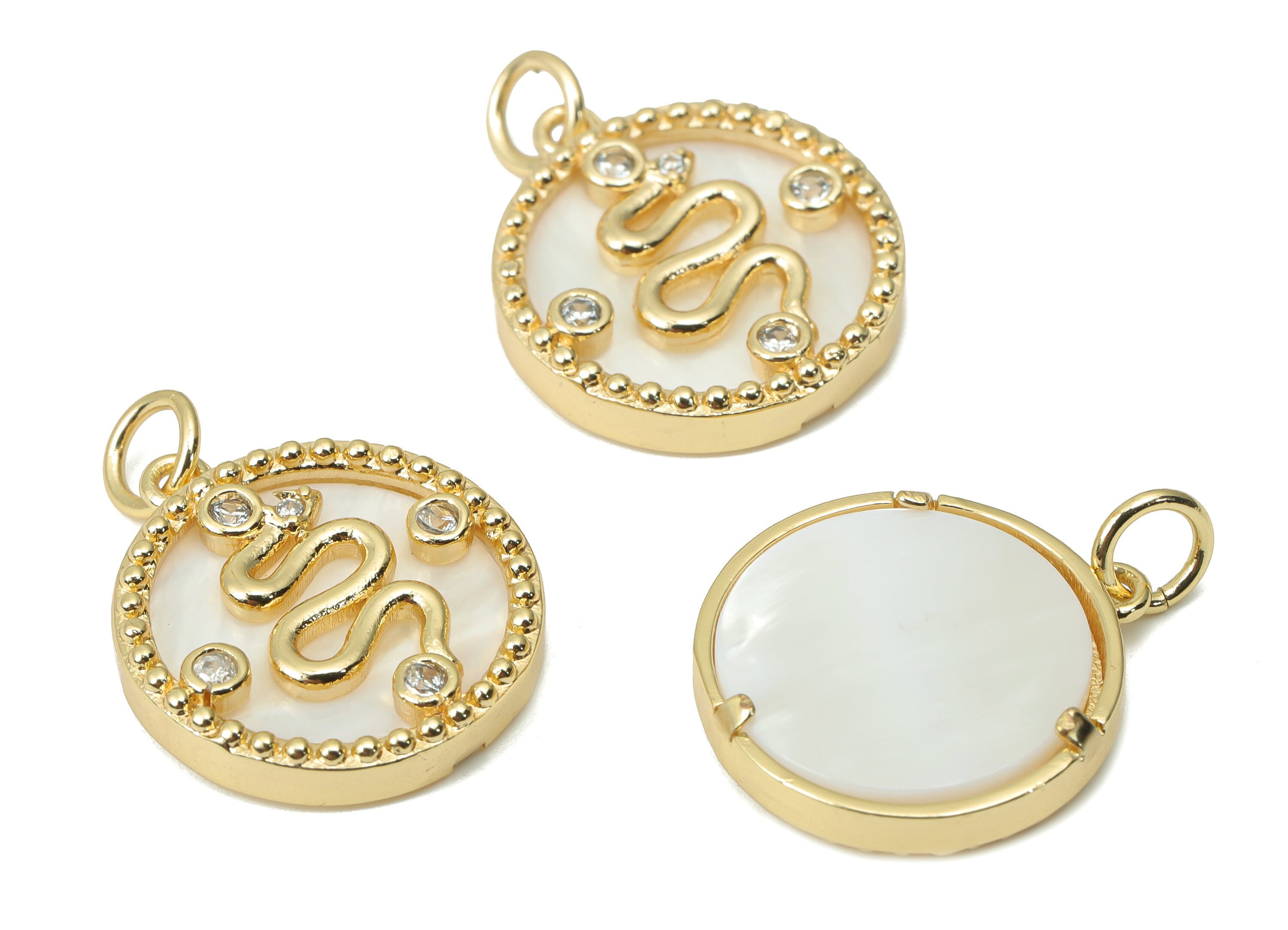 Brass Round Snake Earring Charms with Zincons - Shell Snake Beads Circle Pendant - 18K Real Gold Plated - 17.9x15.92x3.05mm - RGP4363 - DOMEDBAZAAR