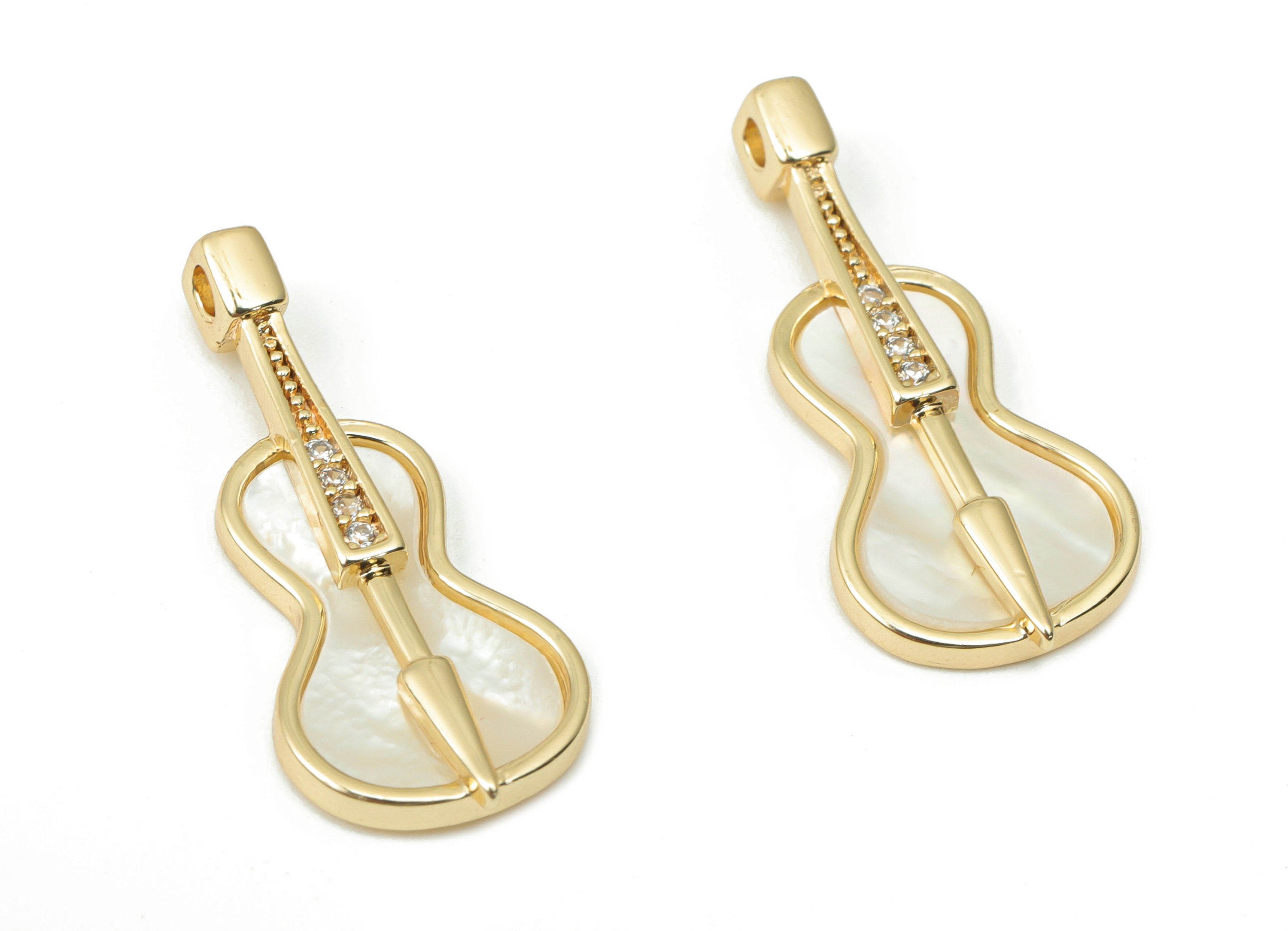 Brass Violin Arrow Earring Charms with Zincons - Shell Cello Arrow Pendant - 18K Real Gold Plated - Jewelry Making - 22.3x9.9x2.4mm- RGP4365 - DOMEDBAZAAR