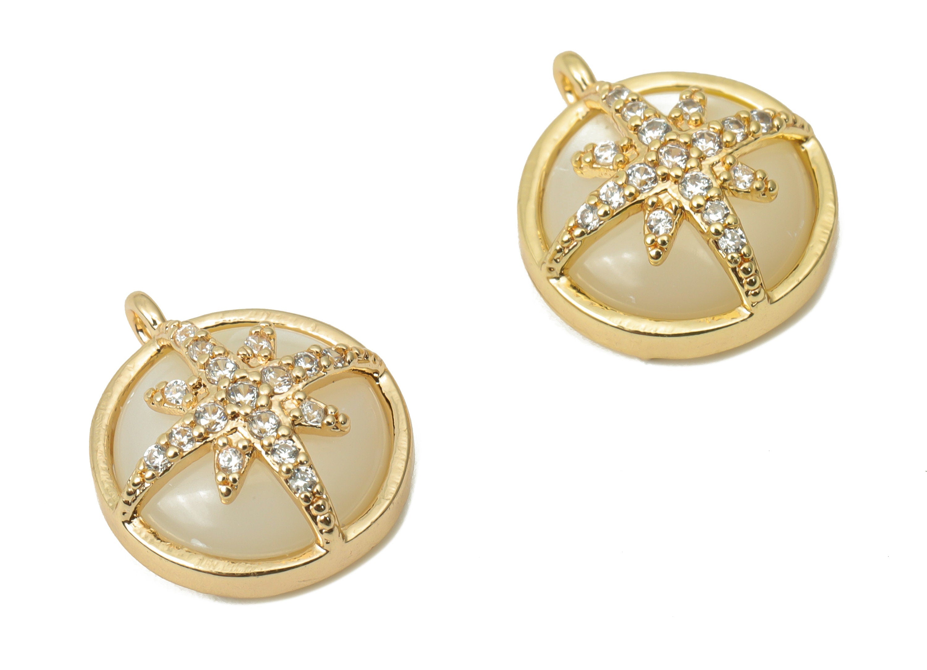 Brass Round Compass Earring Charms with Zincons - Shell Plant Star Circle Pendant - 18K Real Gold Plated - 13.79x11.5x5.14mm - RGP4368 - DOMEDBAZAAR