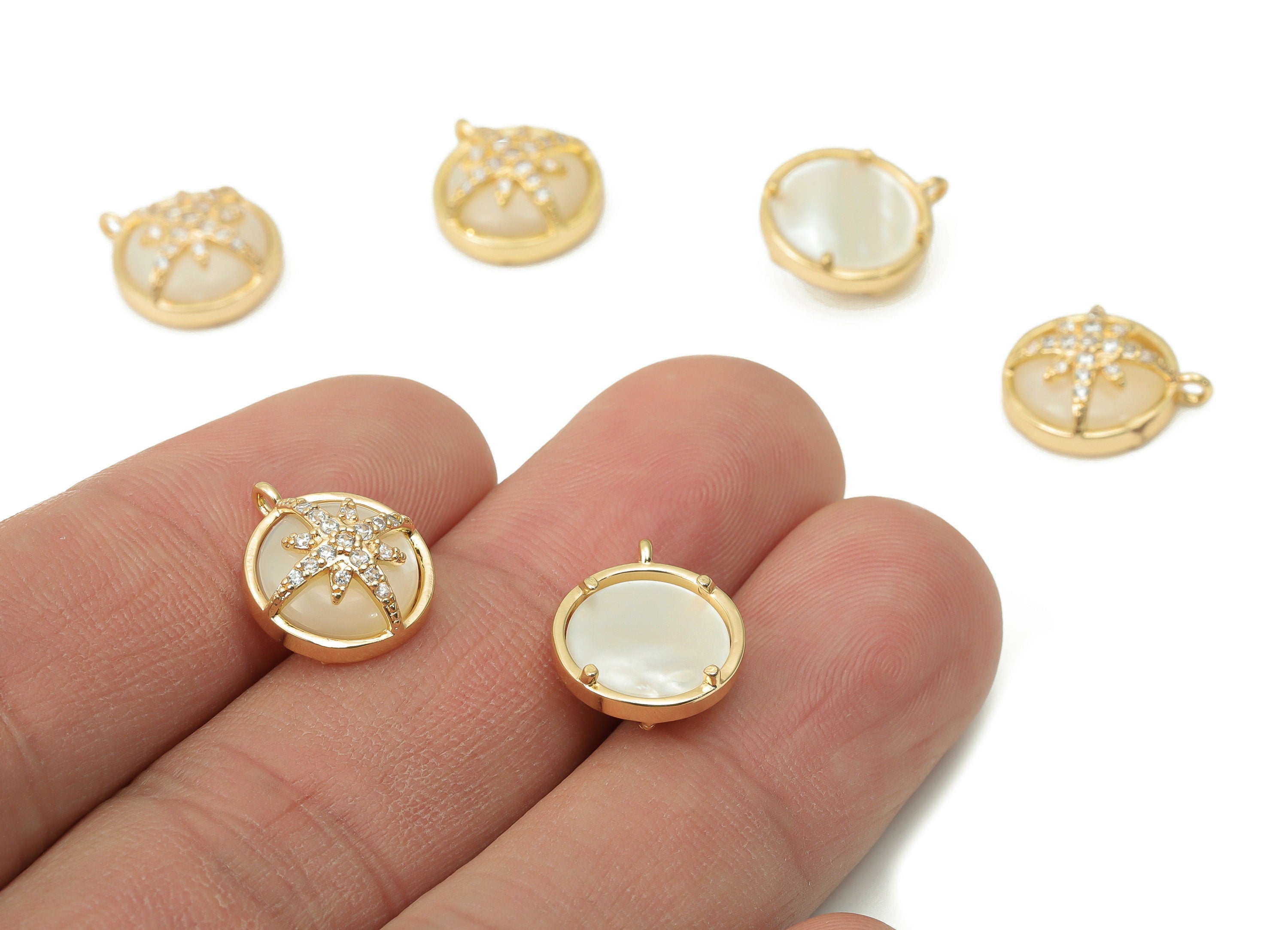 Brass Round Compass Earring Charms with Zincons - Shell Plant Star Circle Pendant - 18K Real Gold Plated - 13.79x11.5x5.14mm - RGP4368 - DOMEDBAZAAR