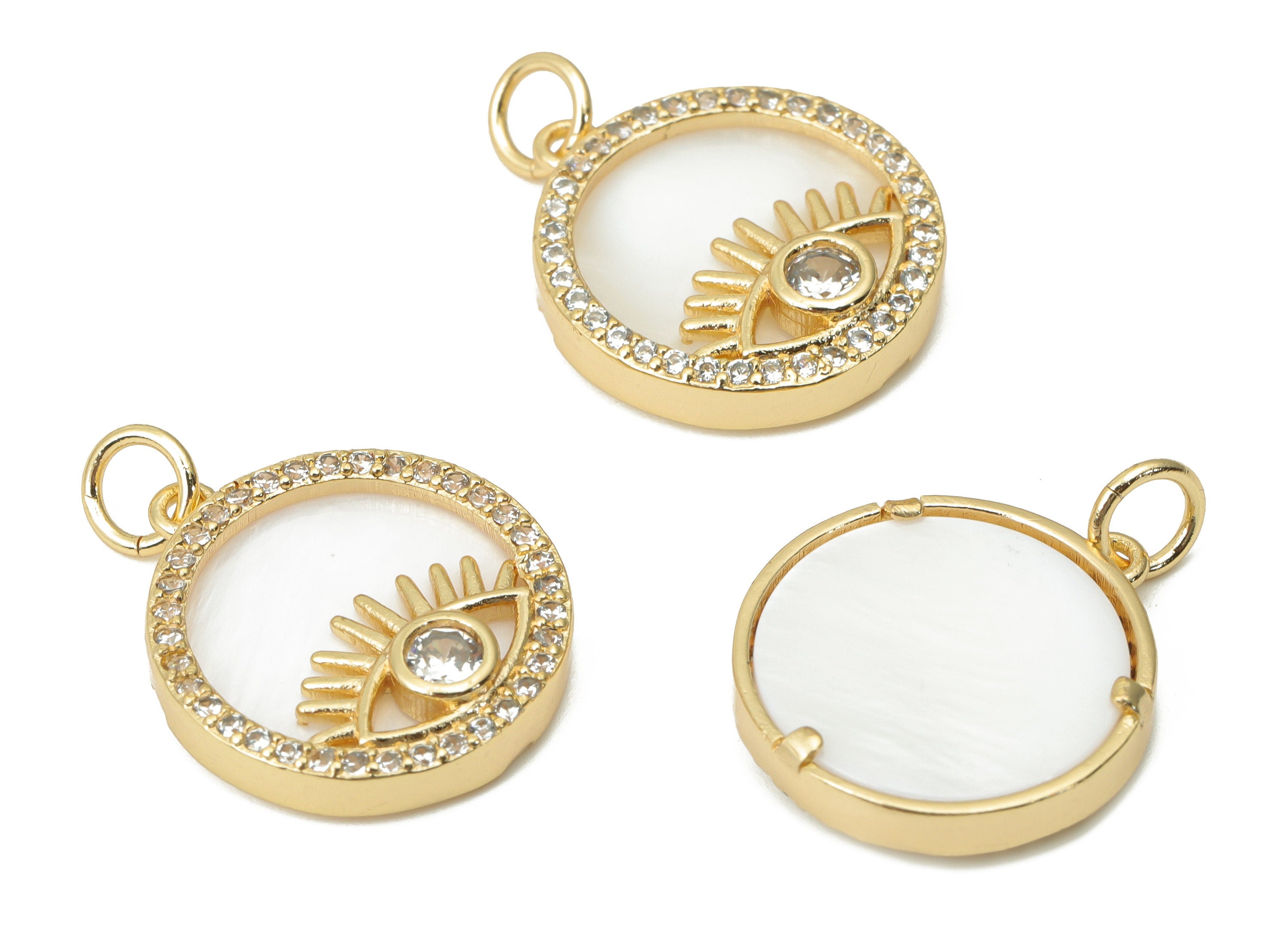 Brass Round Eye Earring Charms with Zincons - Shell Eyelash Circle Pendant - 18K Real Gold Plated - Jewelry Making - 18x15.7x2.9mm - RGP4386 - DOMEDBAZAAR