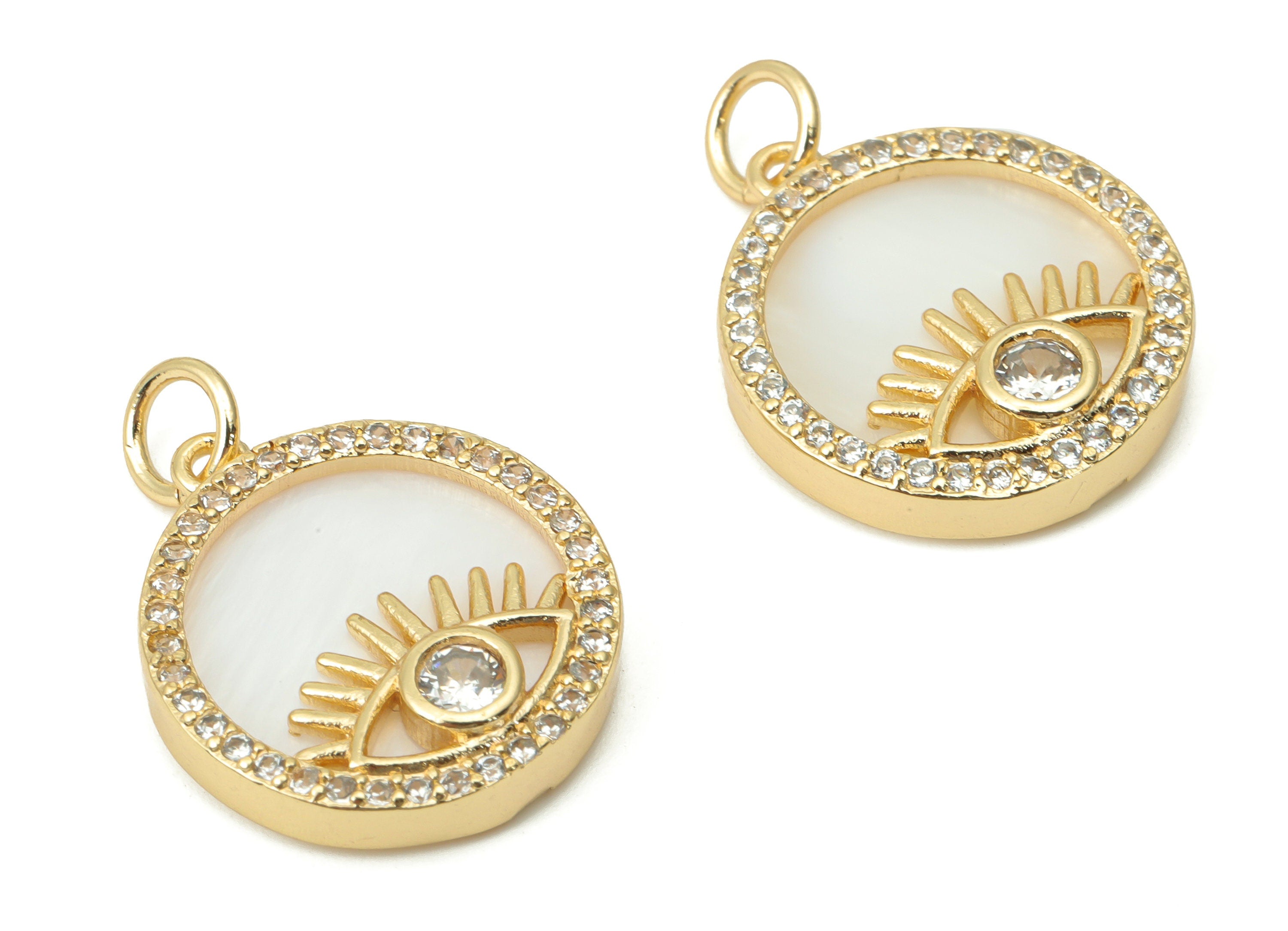 Brass Round Eye Earring Charms with Zincons - Shell Eyelash Circle Pendant - 18K Real Gold Plated - Jewelry Making - 18x15.7x2.9mm - RGP4386 - DOMEDBAZAAR