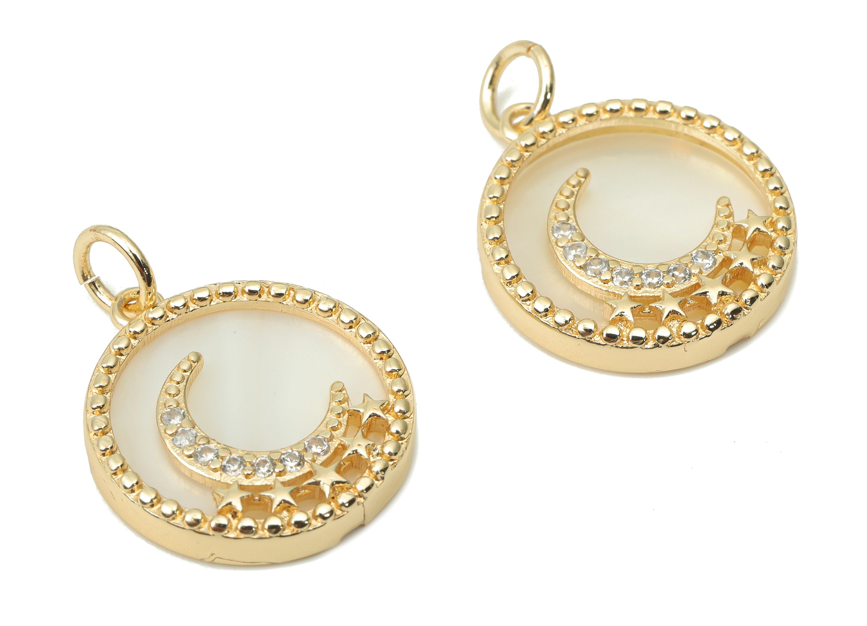 Brass Round Crescent Charms with Zircons - Shell Star Moon Beads Pendant - 18K Real Gold Plated Brass - 17.73x15.79x2.92mm - RGP4366 - DOMEDBAZAAR