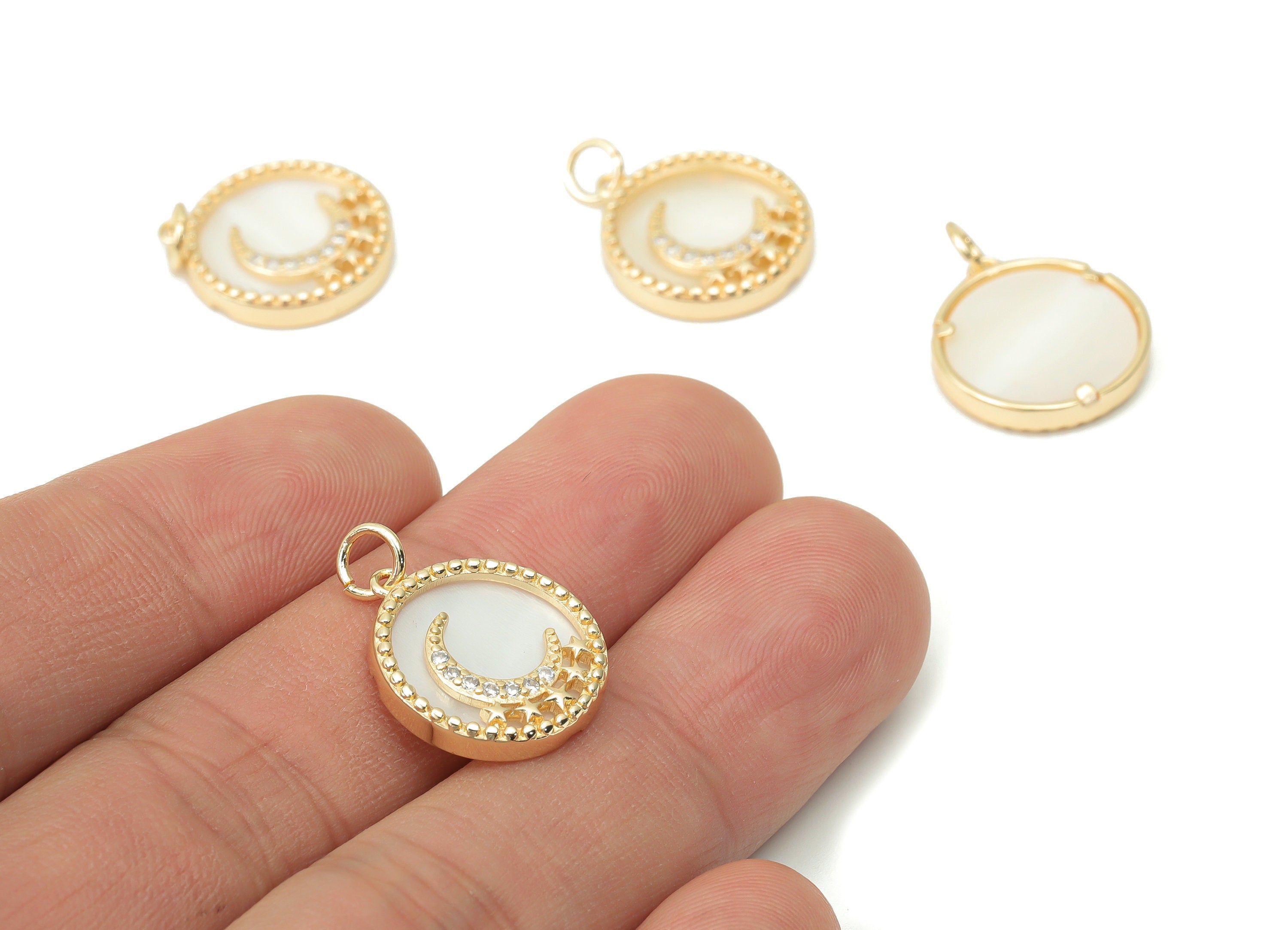 Brass Round Crescent Charms with Zircons - Shell Star Moon Beads Pendant - 18K Real Gold Plated Brass - 17.73x15.79x2.92mm - RGP4366 - DOMEDBAZAAR