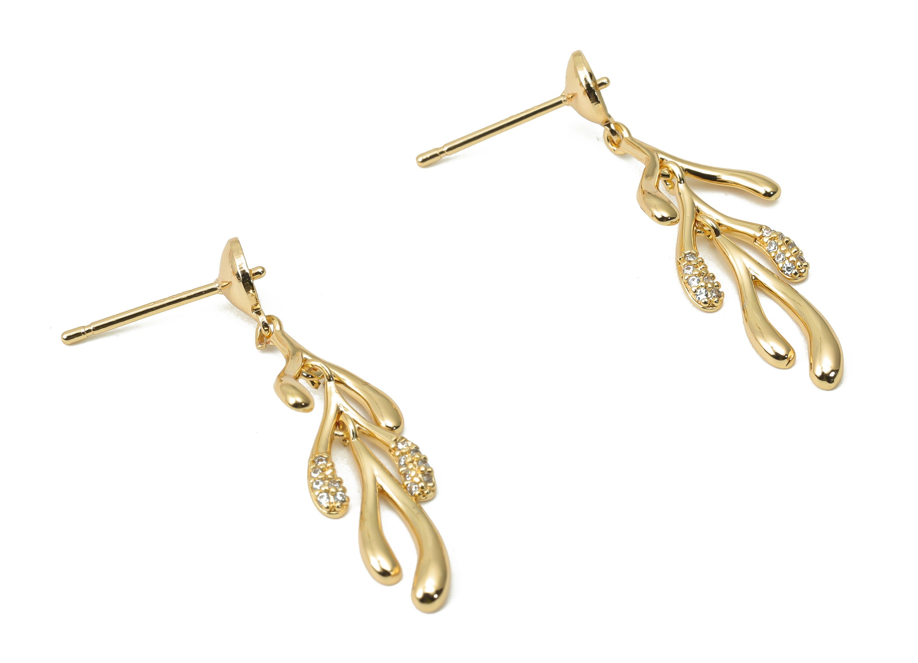 Brass Branch Earring Stud with Zircons - Gold Leaves Earring Post - Silver Stud - 18k Real Gold Plated Brass - 29.6x10.27x1.82mm - RGP4417 - DOMEDBAZAAR