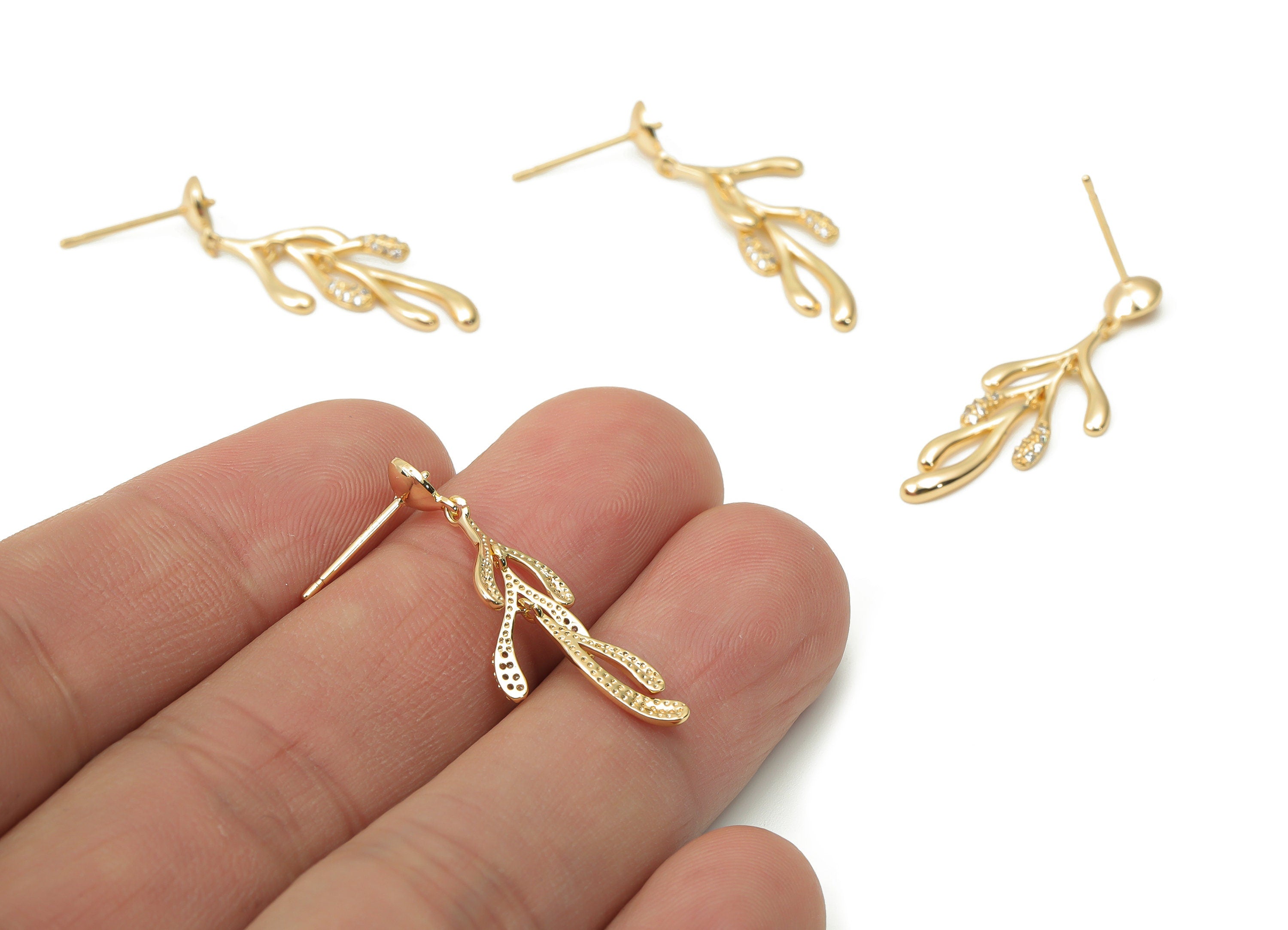 Brass Branch Earring Stud with Zircons - Gold Leaves Earring Post - Silver Stud - 18k Real Gold Plated Brass - 29.6x10.27x1.82mm - RGP4417 - DOMEDBAZAAR